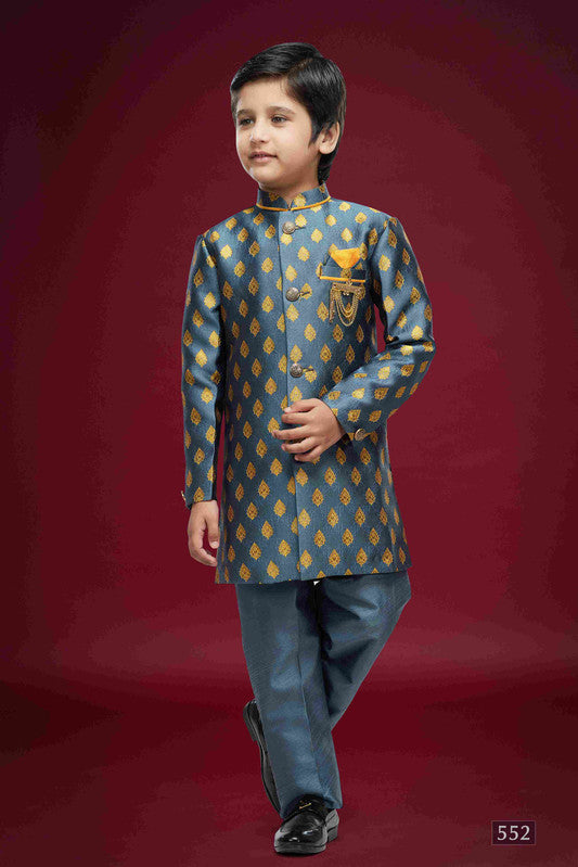Boy's Dark Grey Banarasi Jacquard Woven Work Indo Western Set