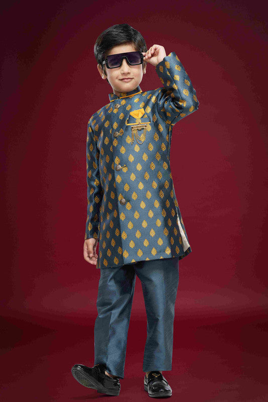 Boy's Dark Grey Banarasi Jacquard Woven Work Indo Western Set