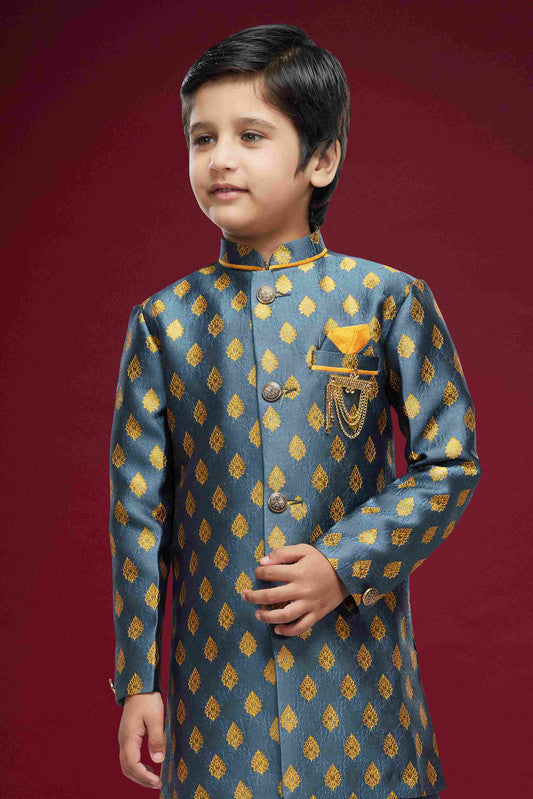 Boy's Dark Grey Banarasi Jacquard Woven Work Indo Western Set