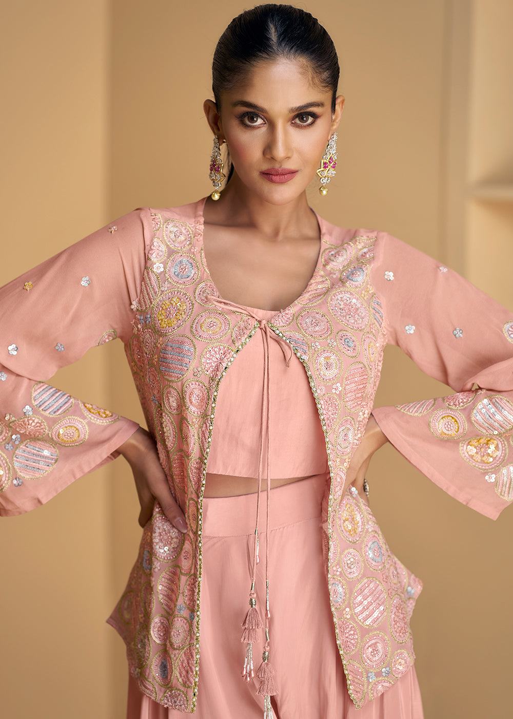 Sweet Pink Georgette Top Plazzo Set with Embroidered Jacket - qivii