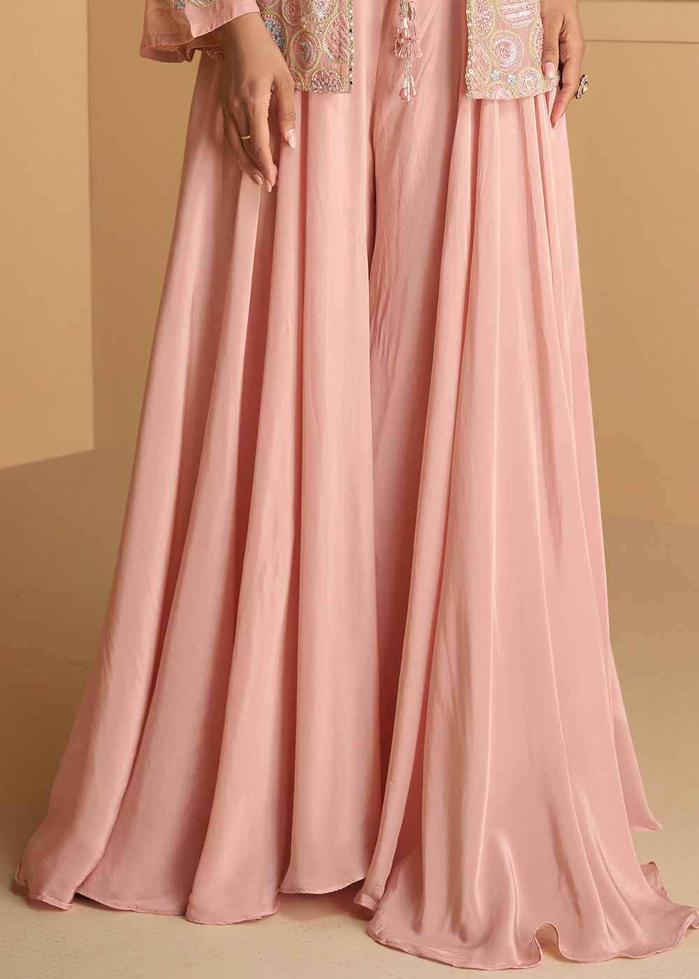 Sweet Pink Georgette Top Plazzo Set with Embroidered Jacket - qivii