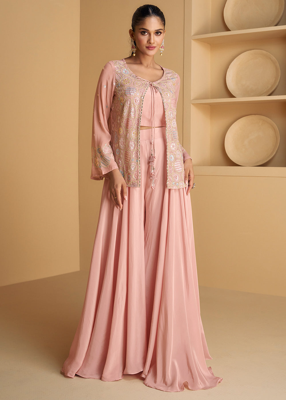 Sweet Pink Georgette Top Plazzo Set with Embroidered Jacket - qivii