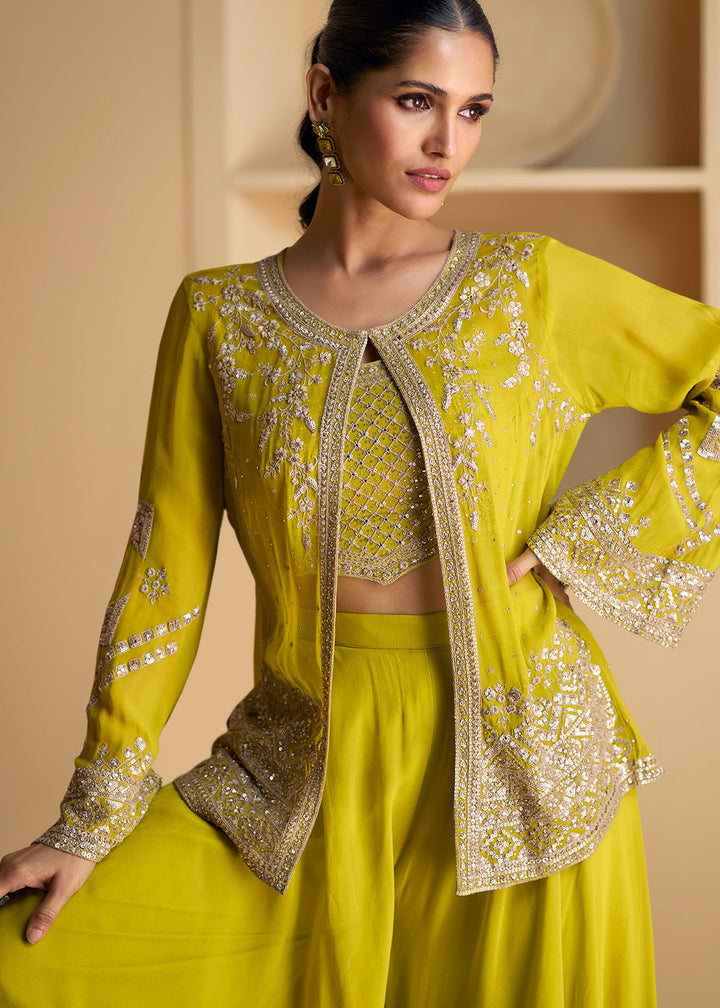 Chartreuse Green Georgette Top Plazzo Set with Embroidered Jacket