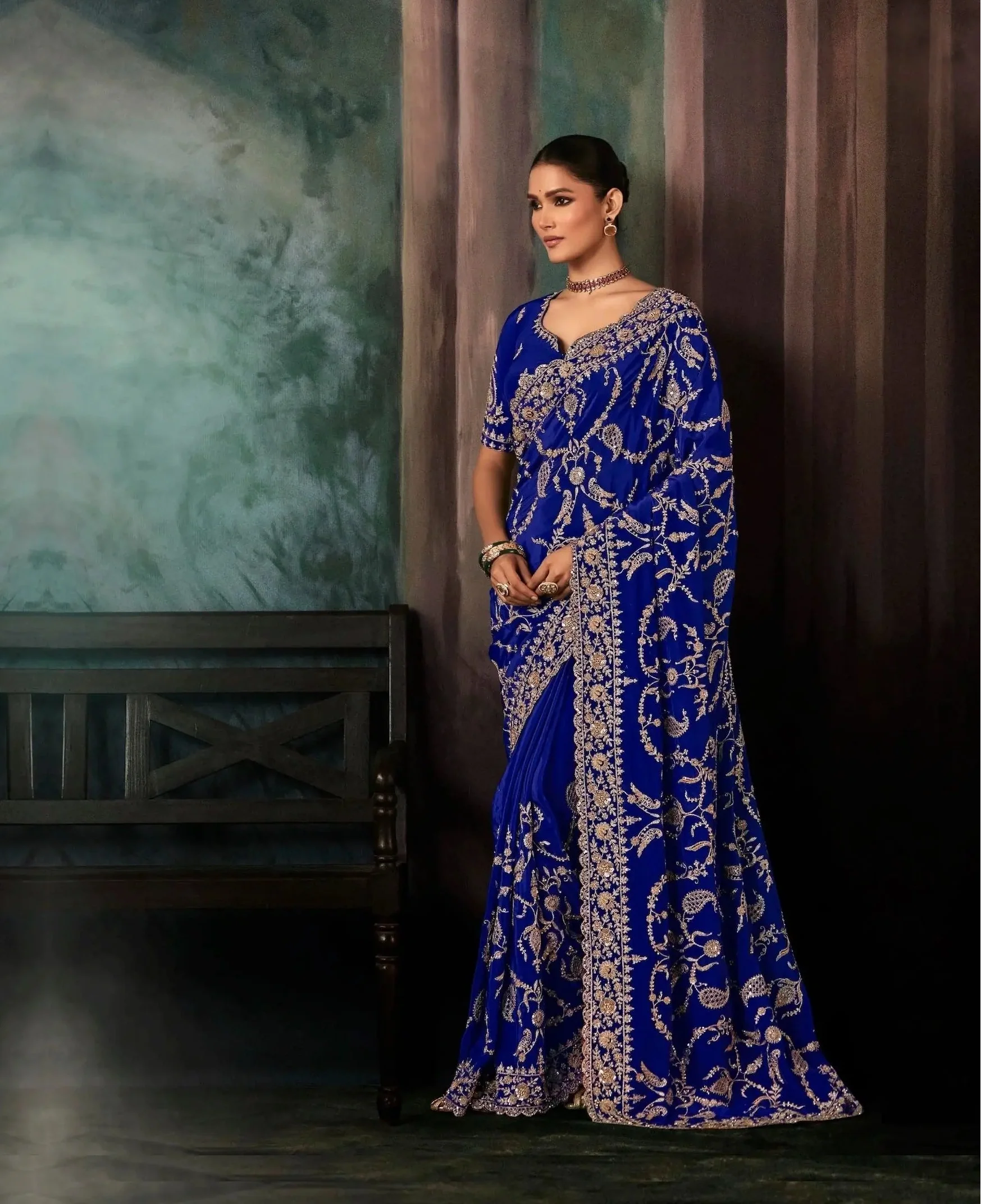 Royal Blue Bridal Saree With Aari & Hand Work