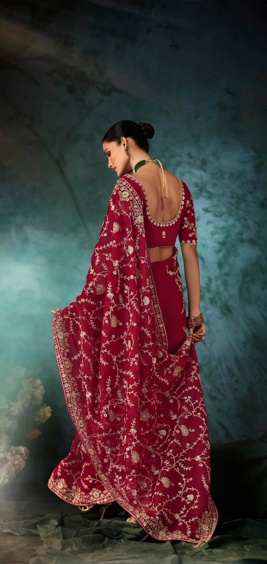 Dark Red Bridal Saree With Aari & Hand Work