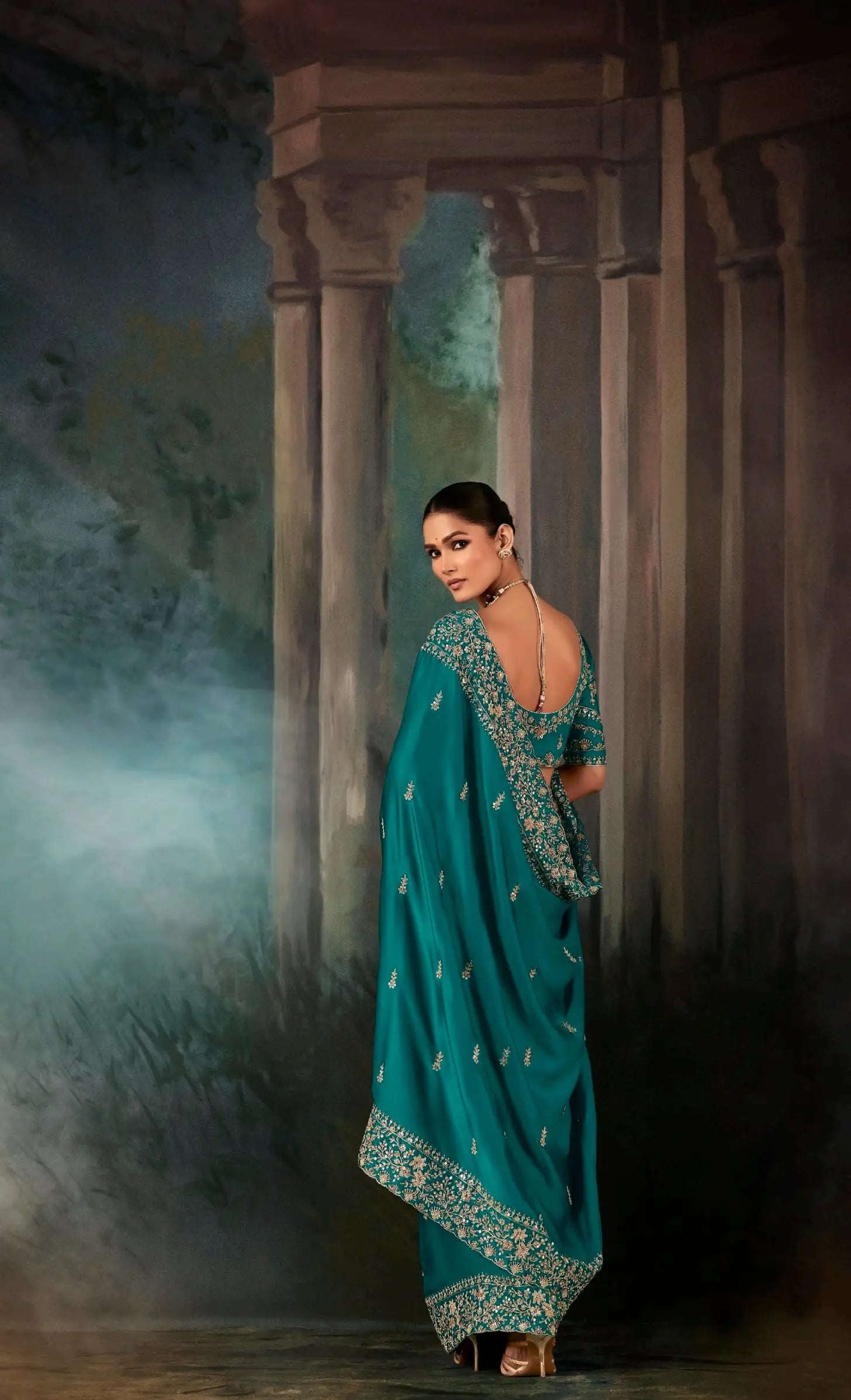 Deep Teal Bridal Saree With Aari & Hand Work