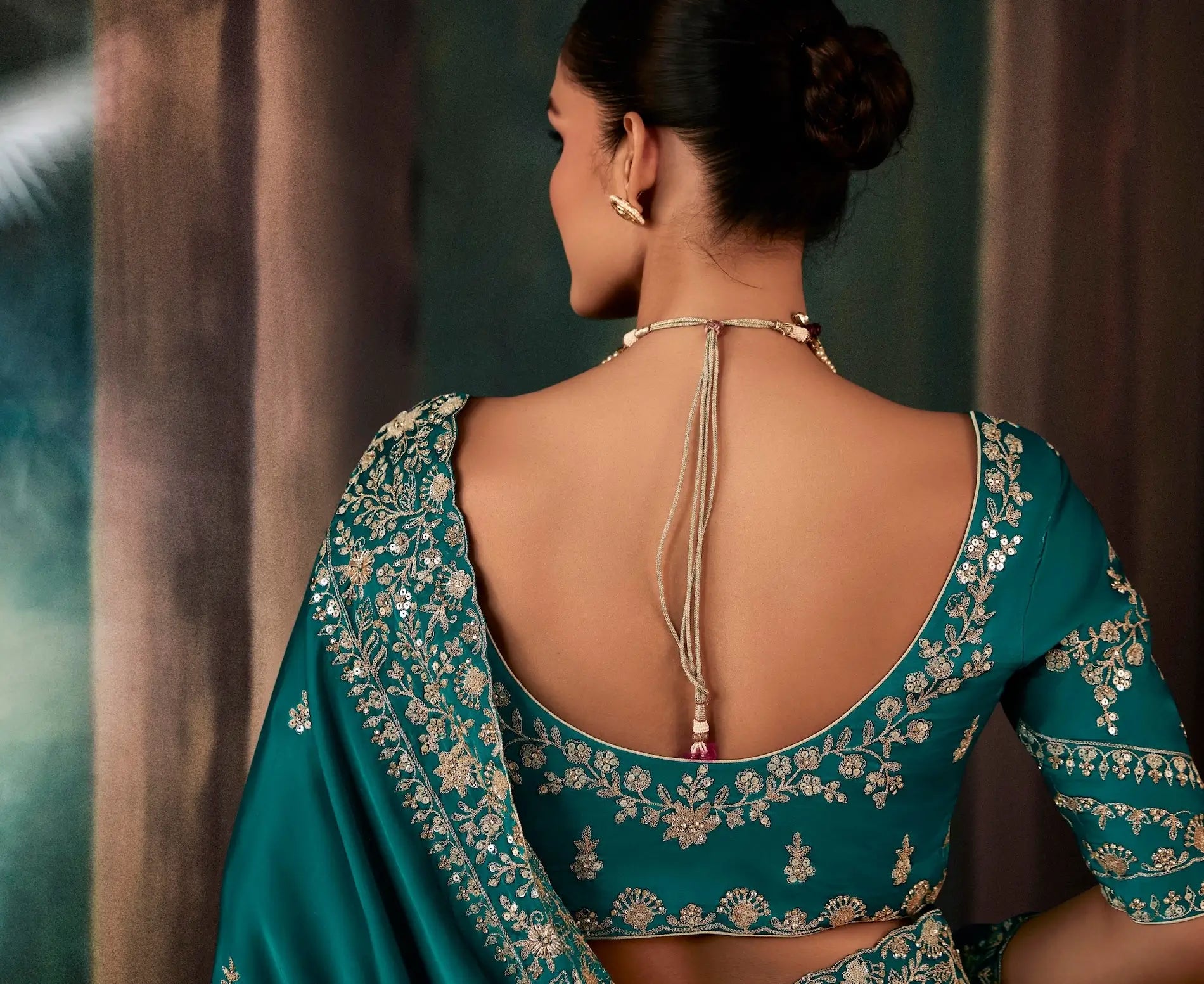 Deep Teal Bridal Saree With Aari & Hand Work