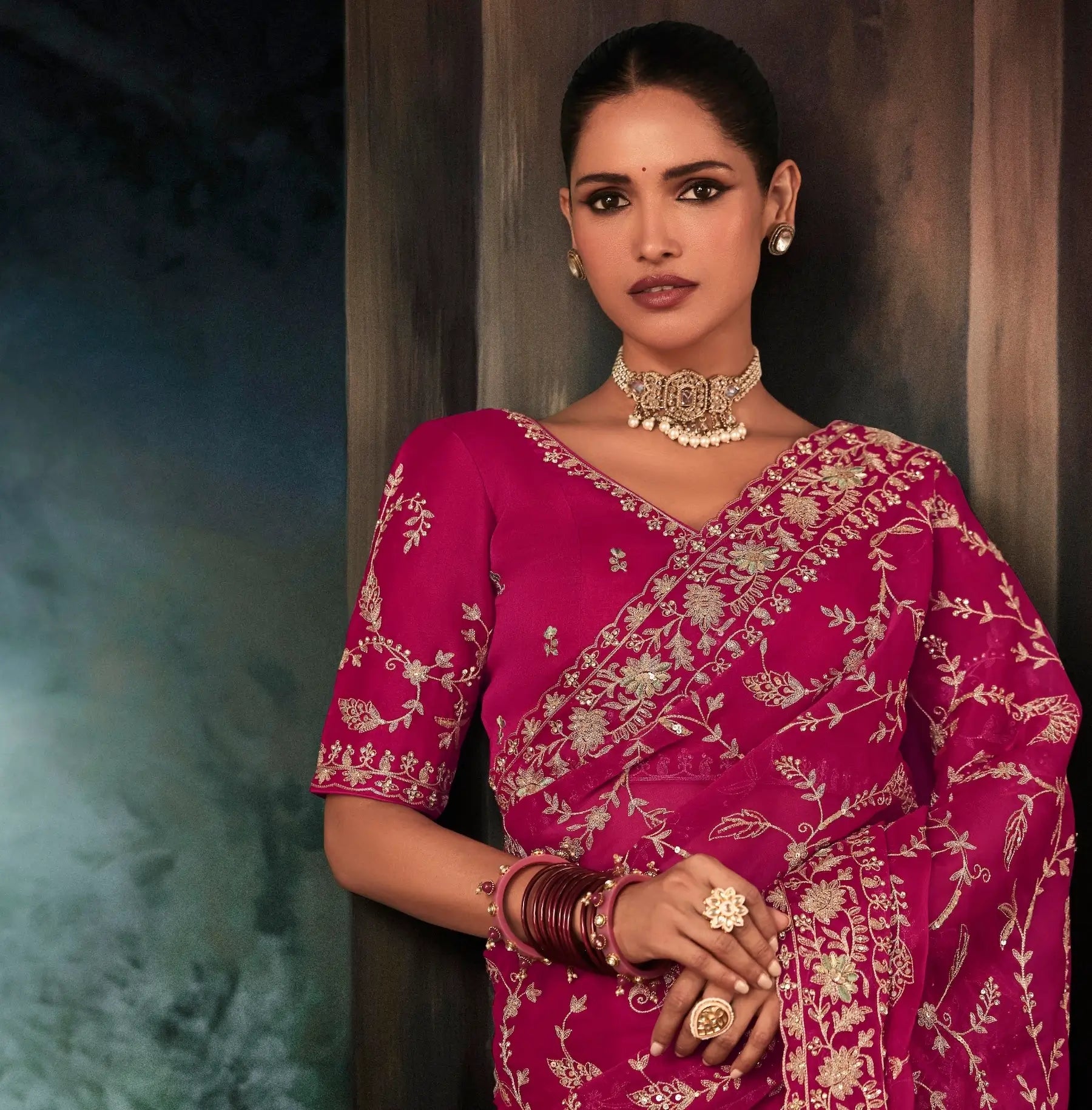 Rani Pink Bridal Saree With Aari & Hand Work