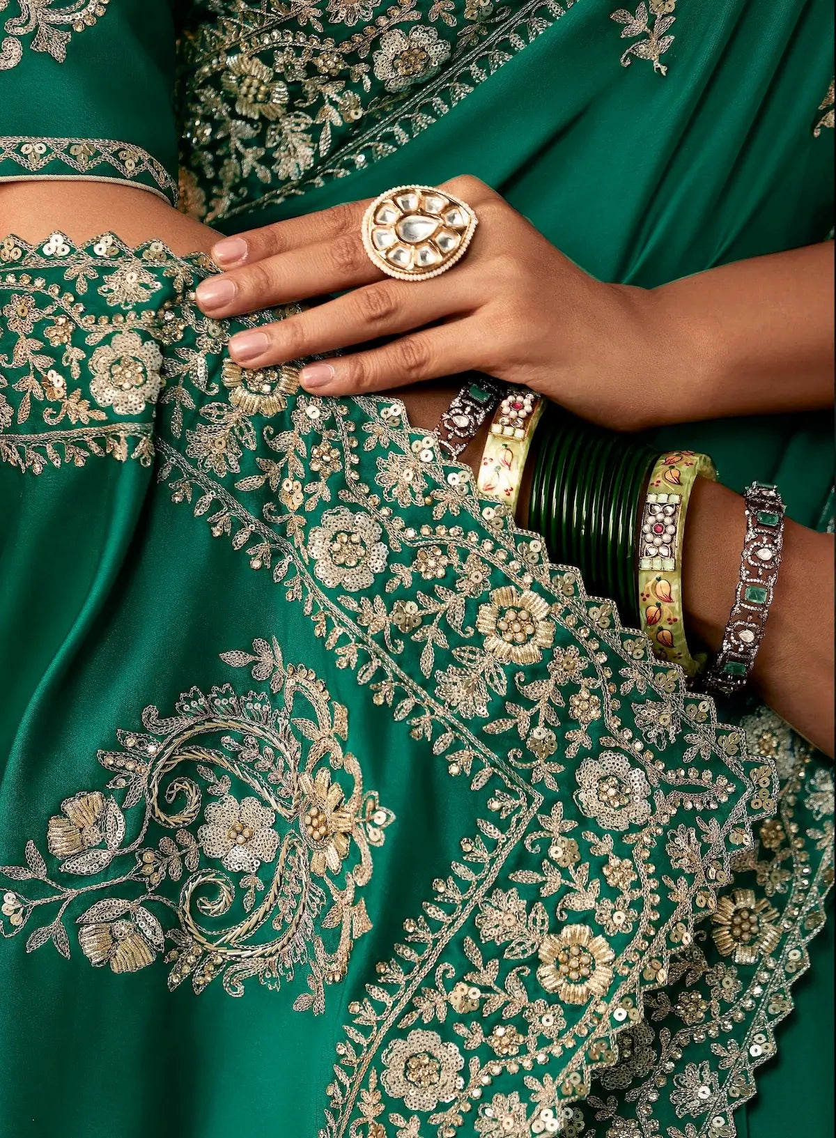 Teal Green Bridal Saree With Aari & Hand Work