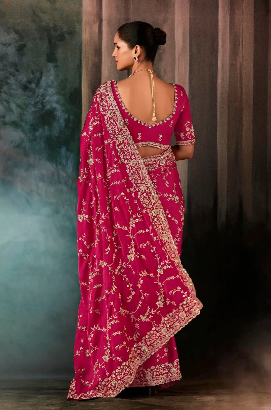 Hot Pink Bridal Saree With Aari & Hand Work