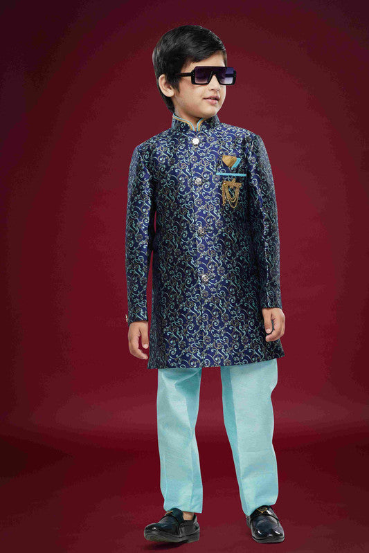 Boy's Blue Banarasi Jacquard Woven Work Indo Western Set