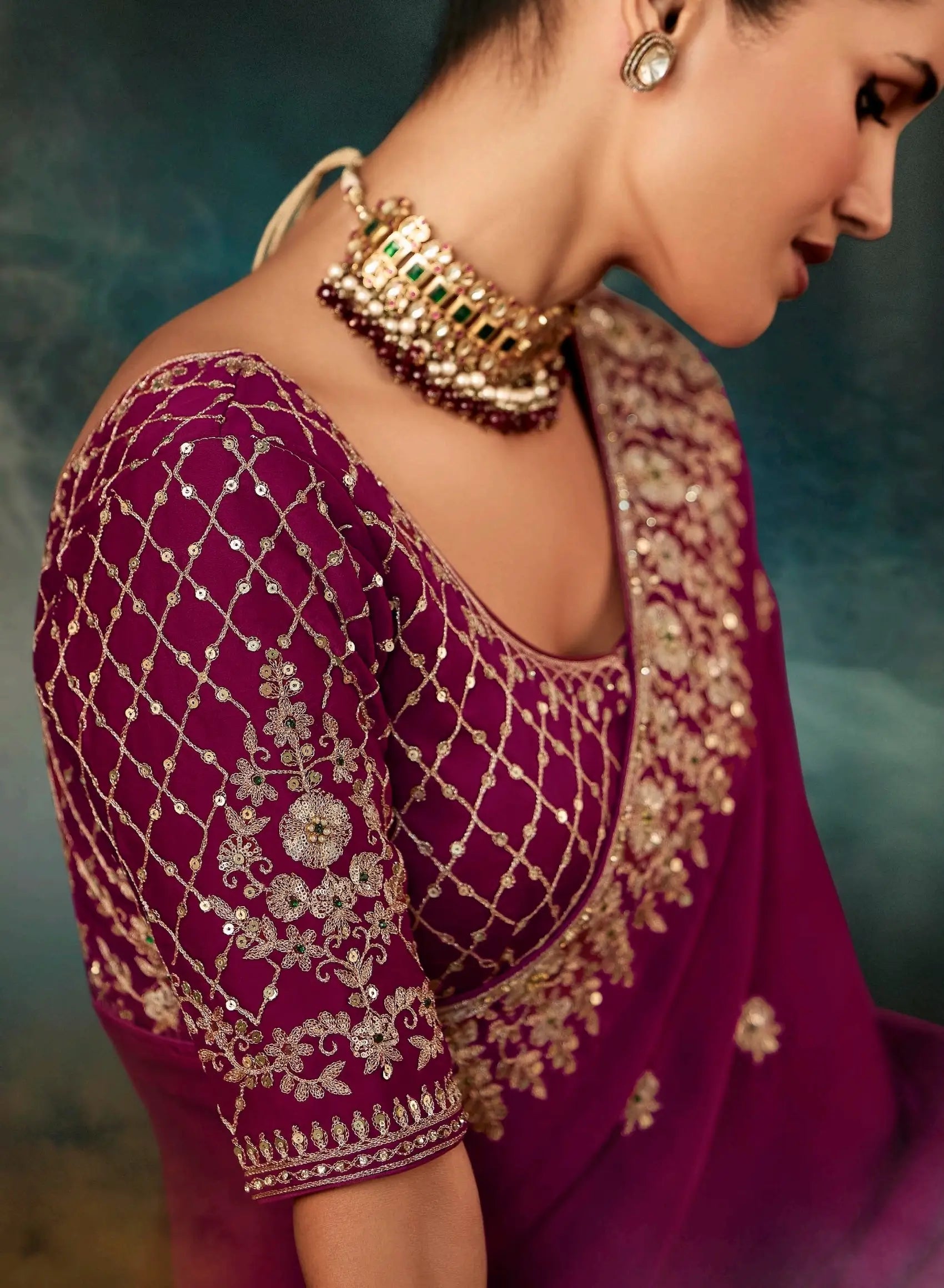 Mulberry Bridal Saree With Aari & Hand Work