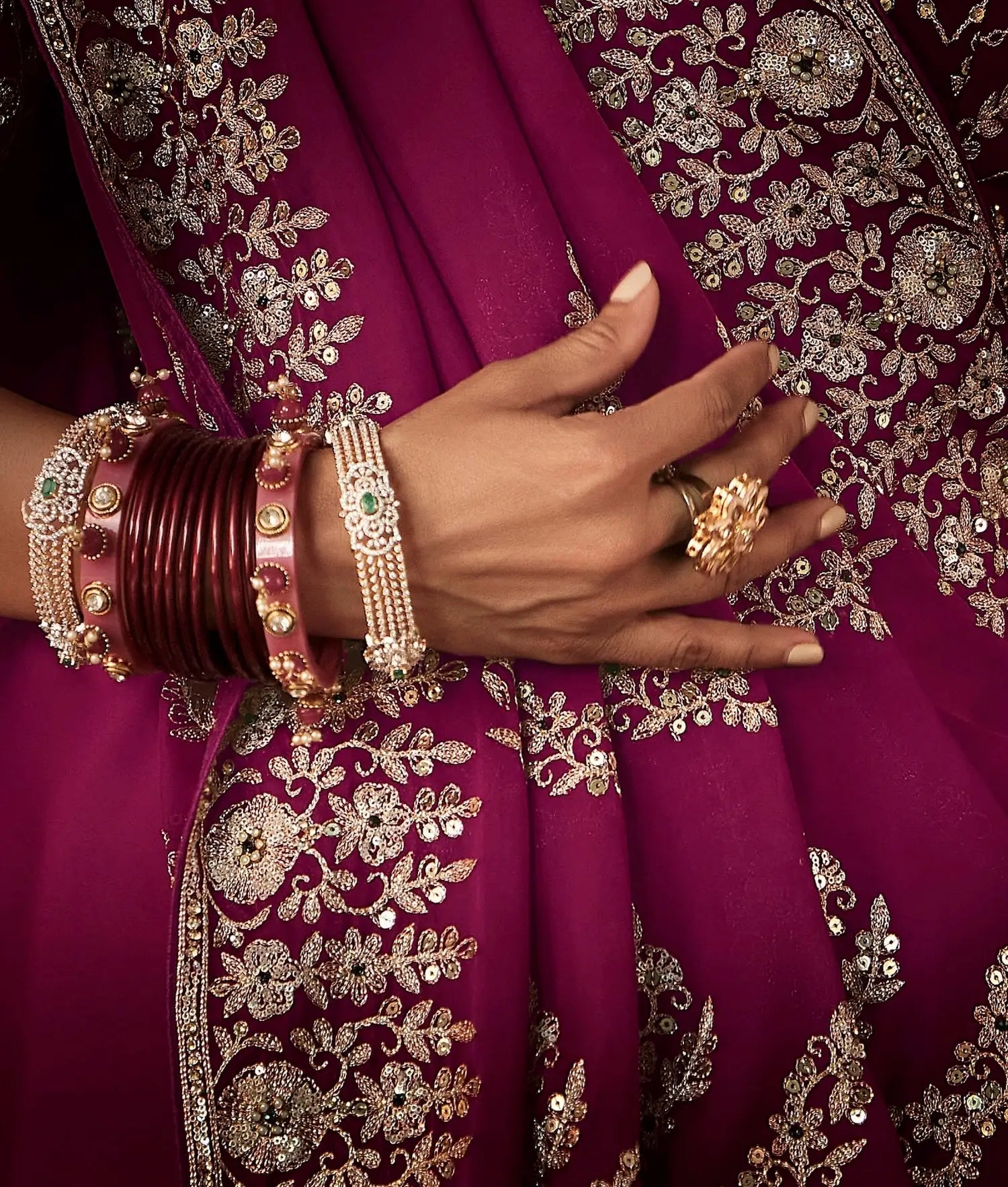 Mulberry Bridal Saree With Aari & Hand Work