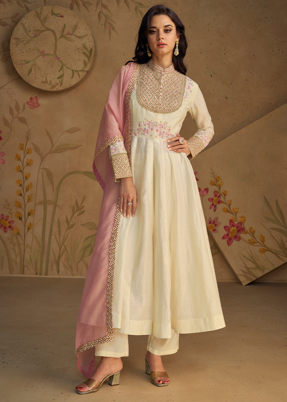 Parchment White Embroidered Silk Suit