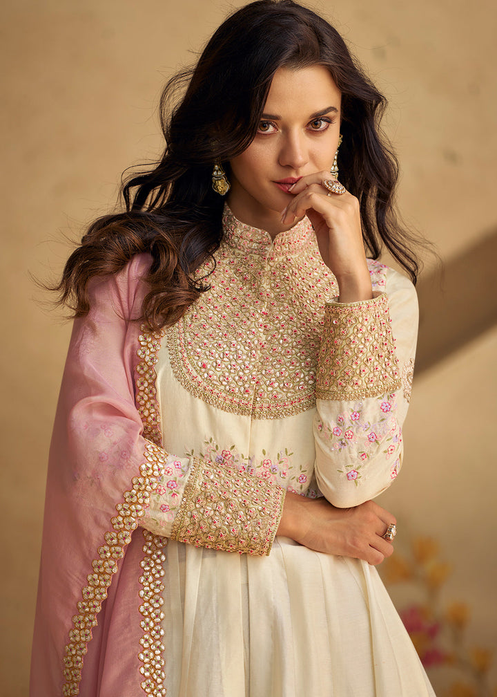 Parchment White Embroidered Silk Suit