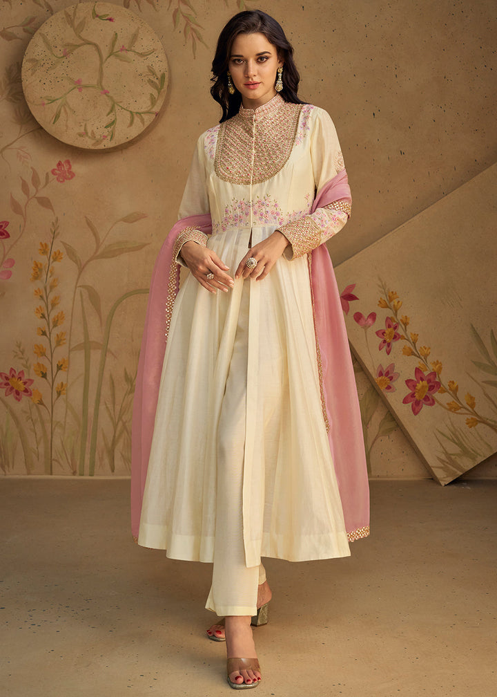 Parchment White Embroidered Silk Suit