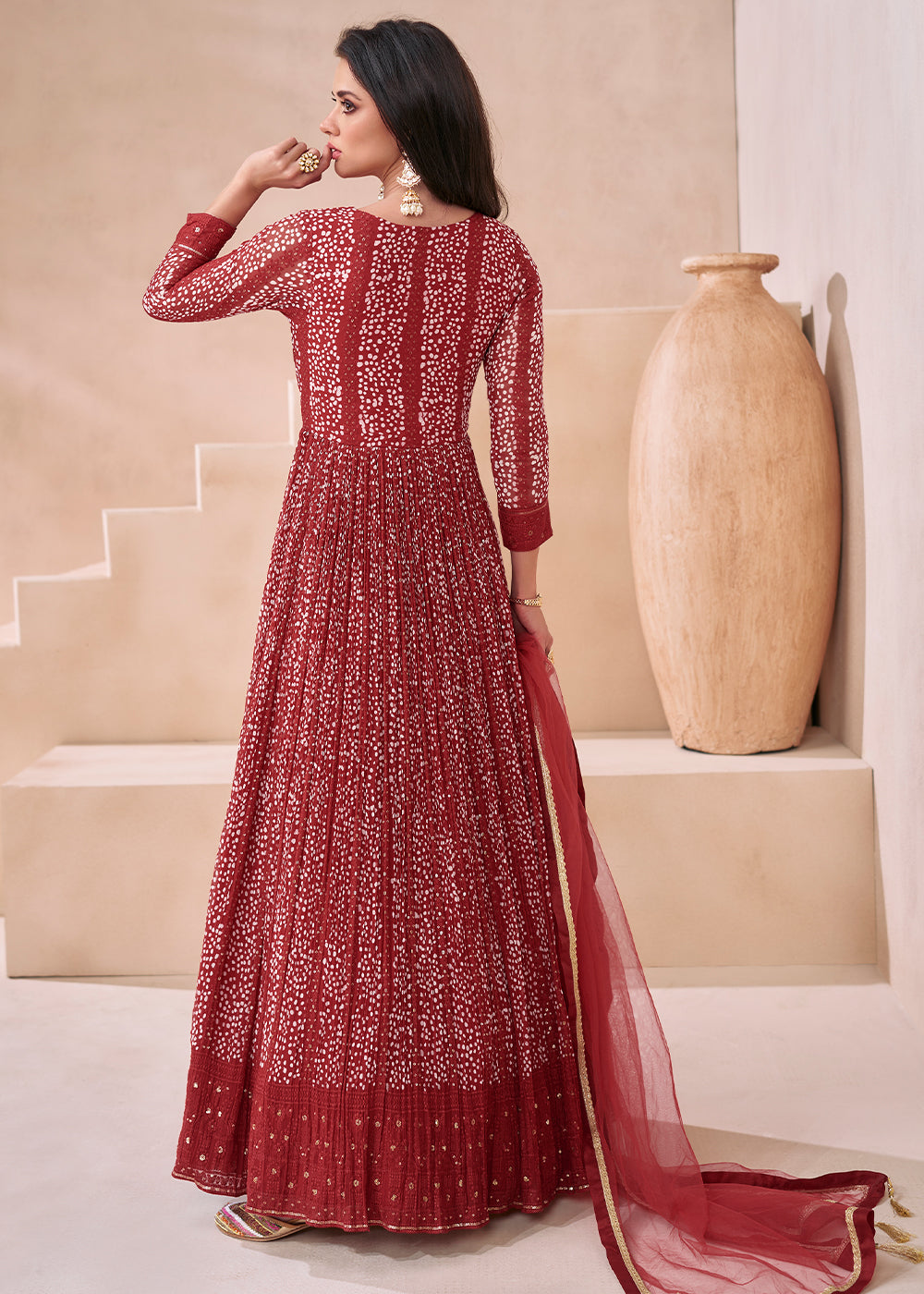 Vermilion Red Embroidered Georgette Anarkali Suit