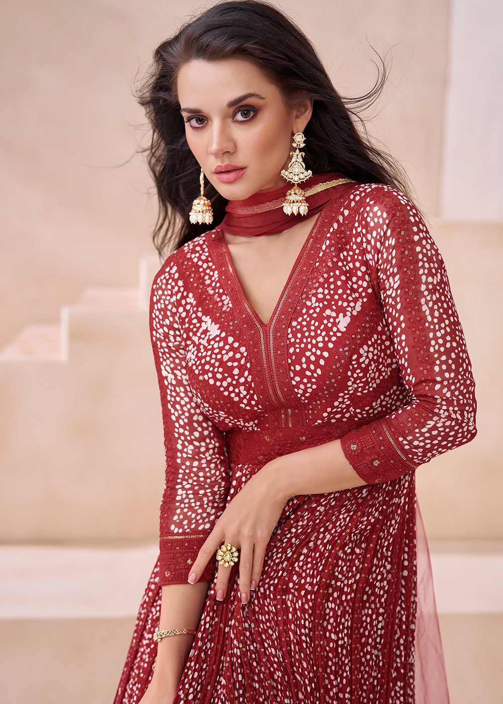 Vermilion Red Embroidered Georgette Anarkali Suit