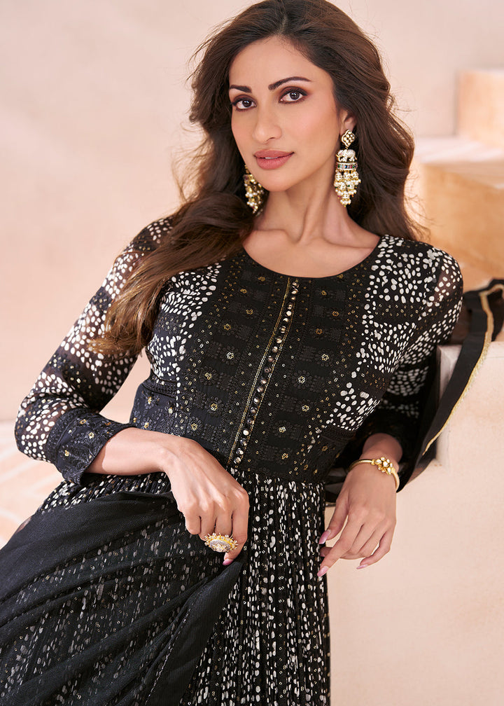 Pitch Black Embroidered Georgette Anarkali Suit