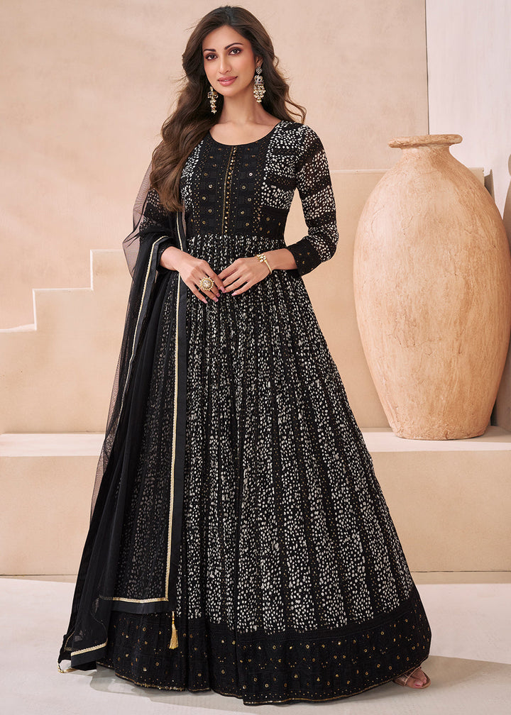 Pitch Black Embroidered Georgette Anarkali Suit