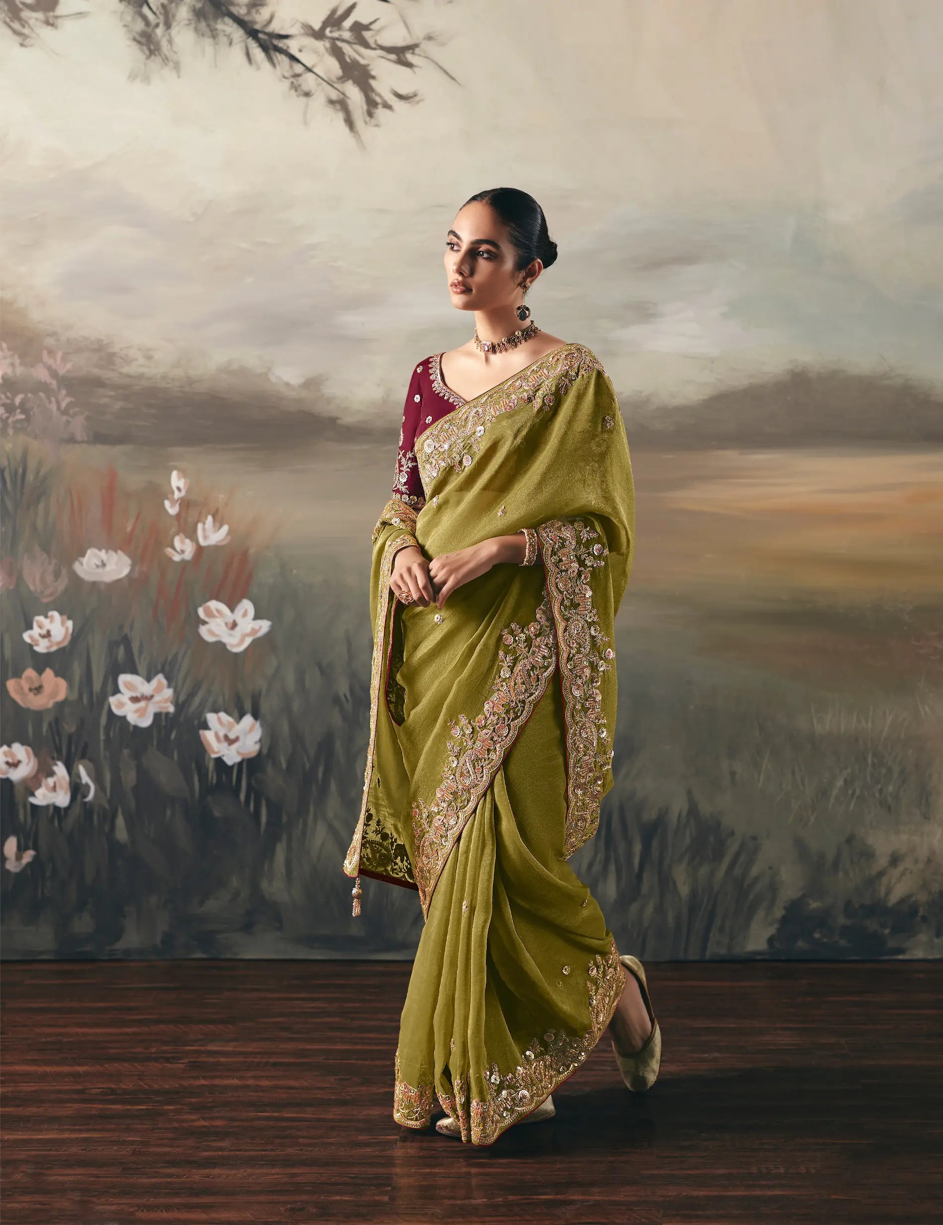 Parrot Green Heavy Embroidered Tissue Silk Saree