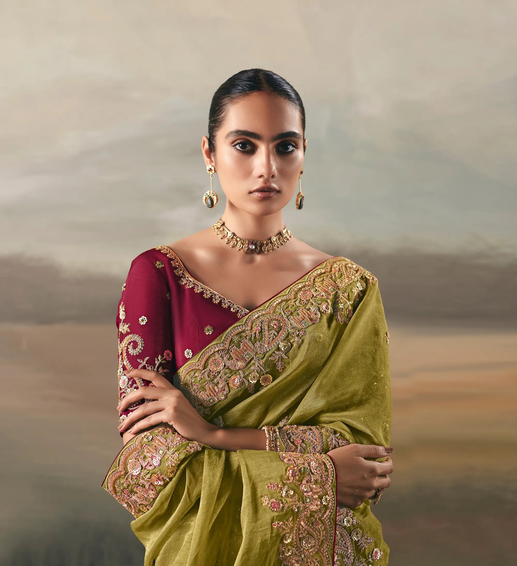 Parrot Green Heavy Embroidered Tissue Silk Saree
