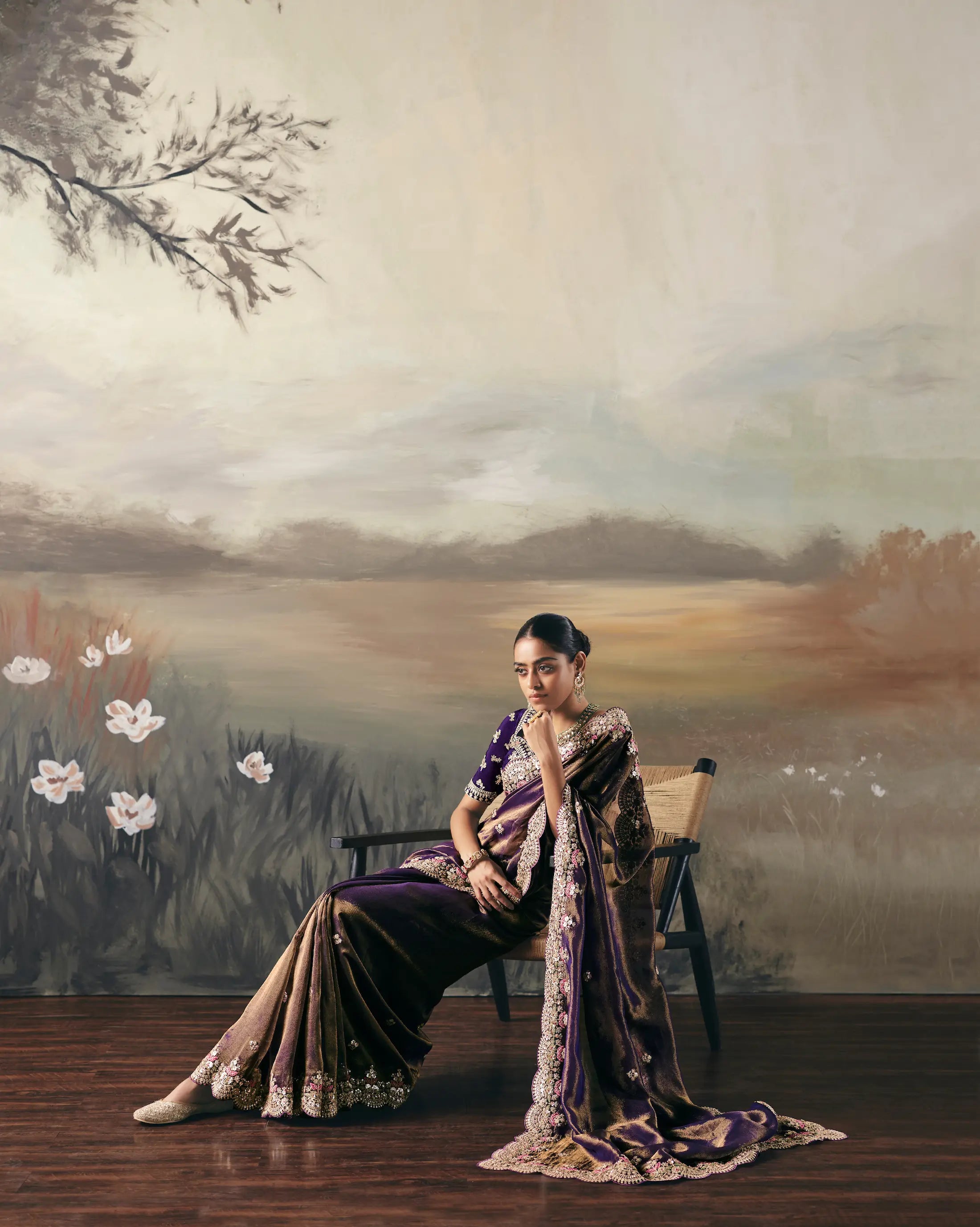 Golden Purple Heavy Embroidered Tissue Silk Saree