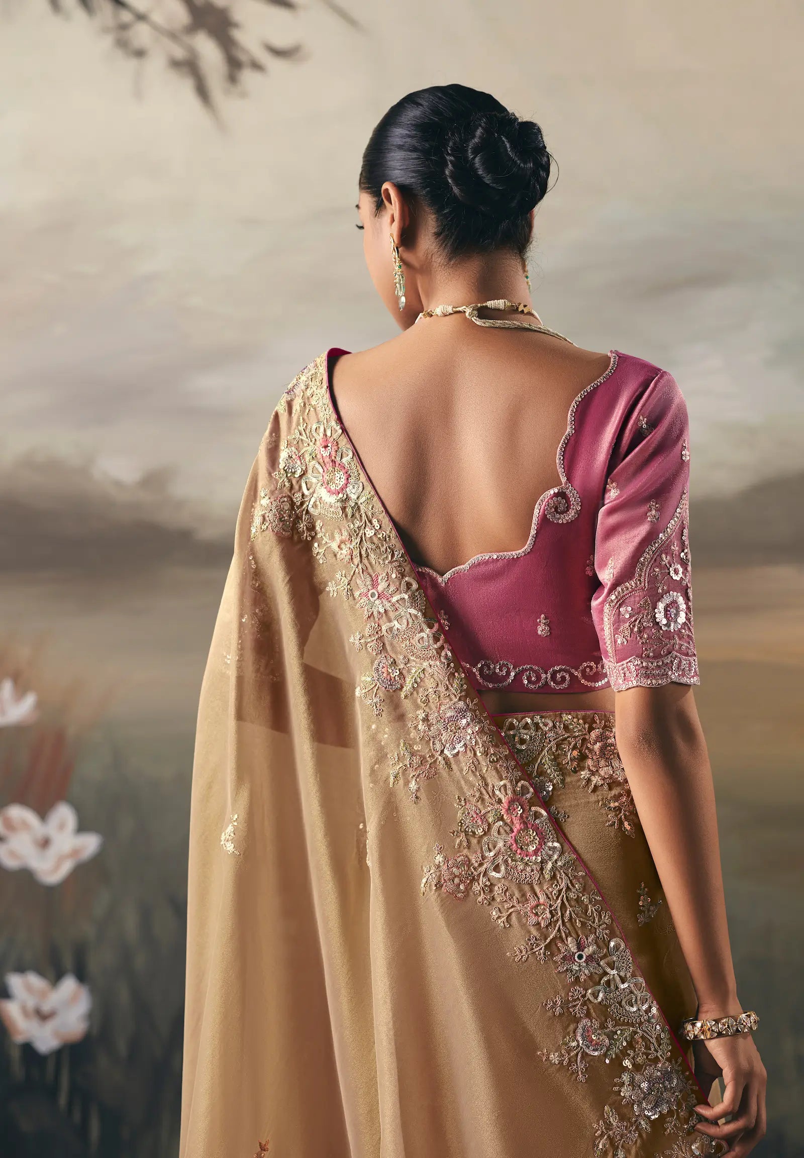 Shiney Beige Heavy Embroidered Tissue Silk Saree