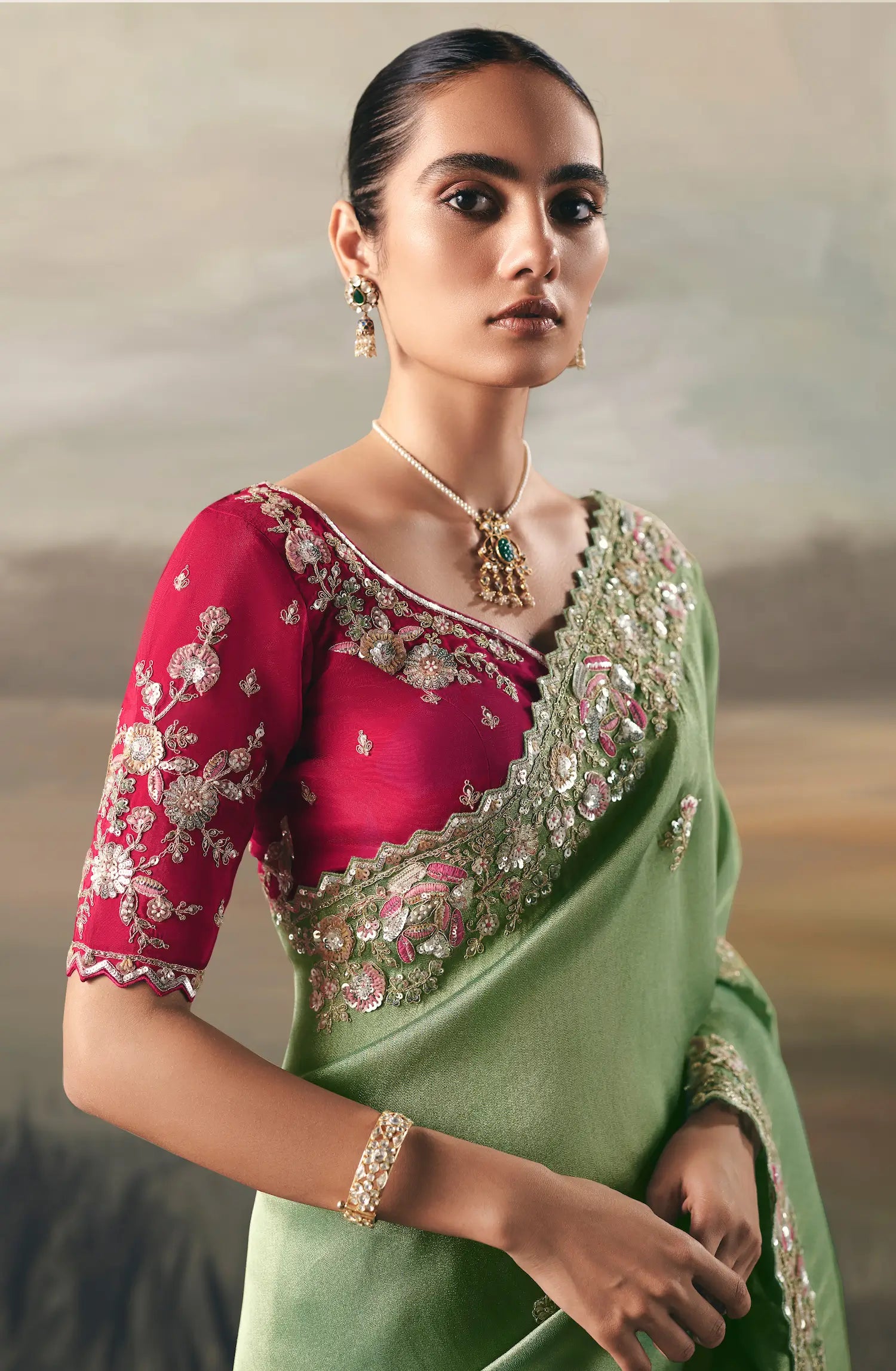 Sage Green Heavy Embroidered Tissue Silk Saree