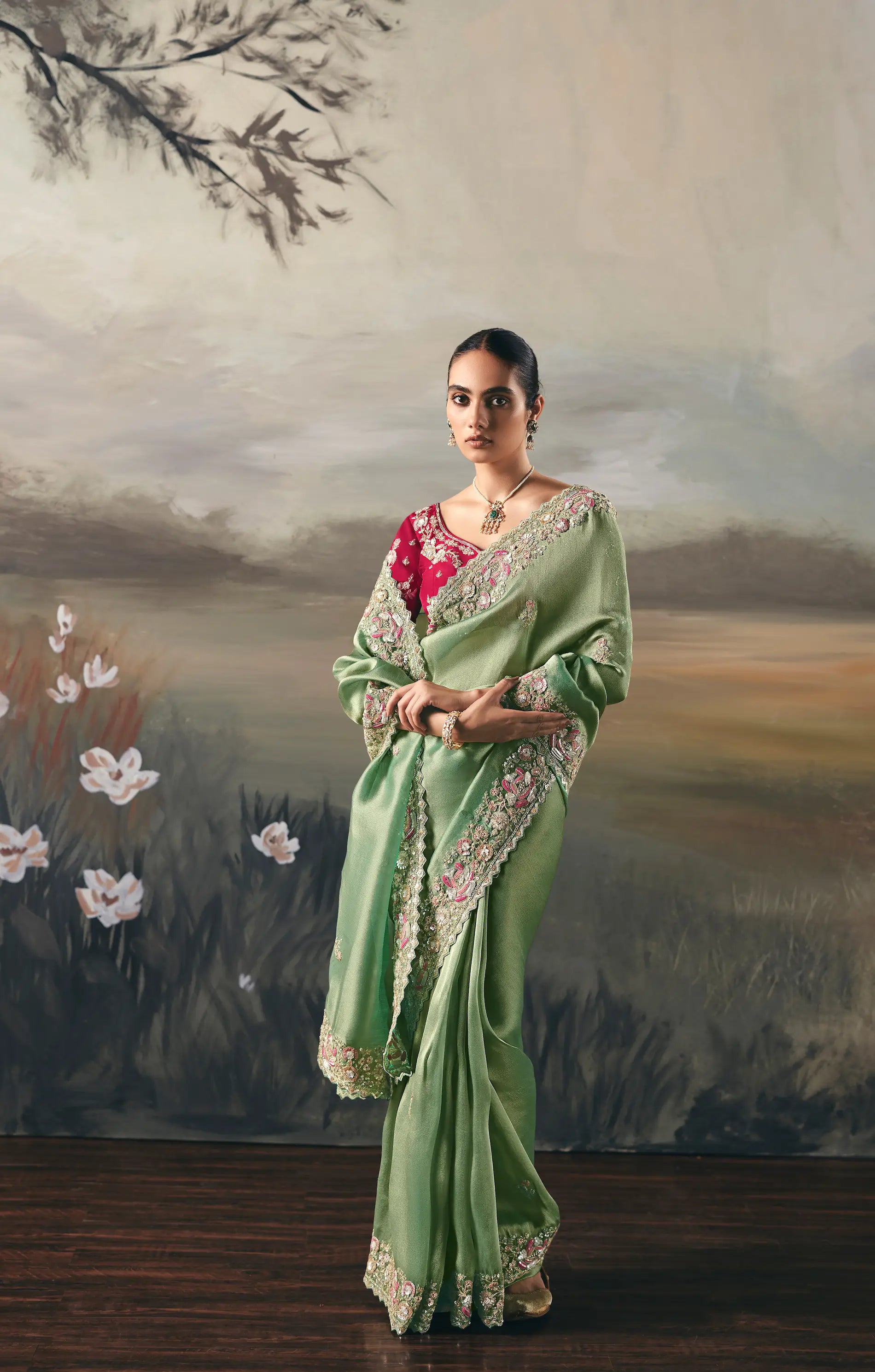 Sage Green Heavy Embroidered Tissue Silk Saree
