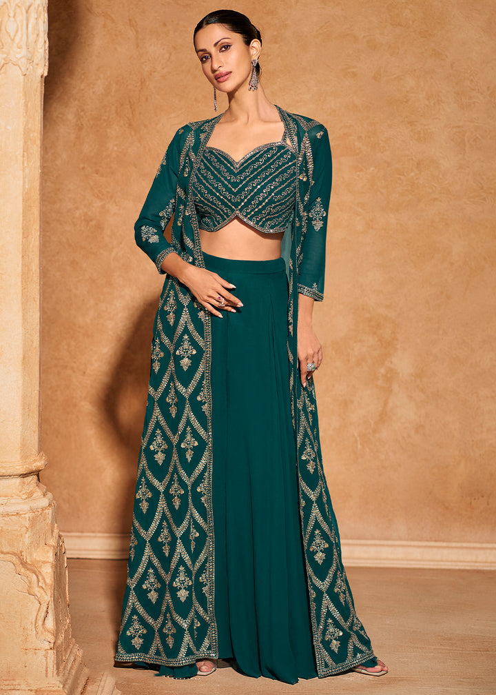 peacock Blue Georgette Top Plazzo Set With Long Embroidered Jacket