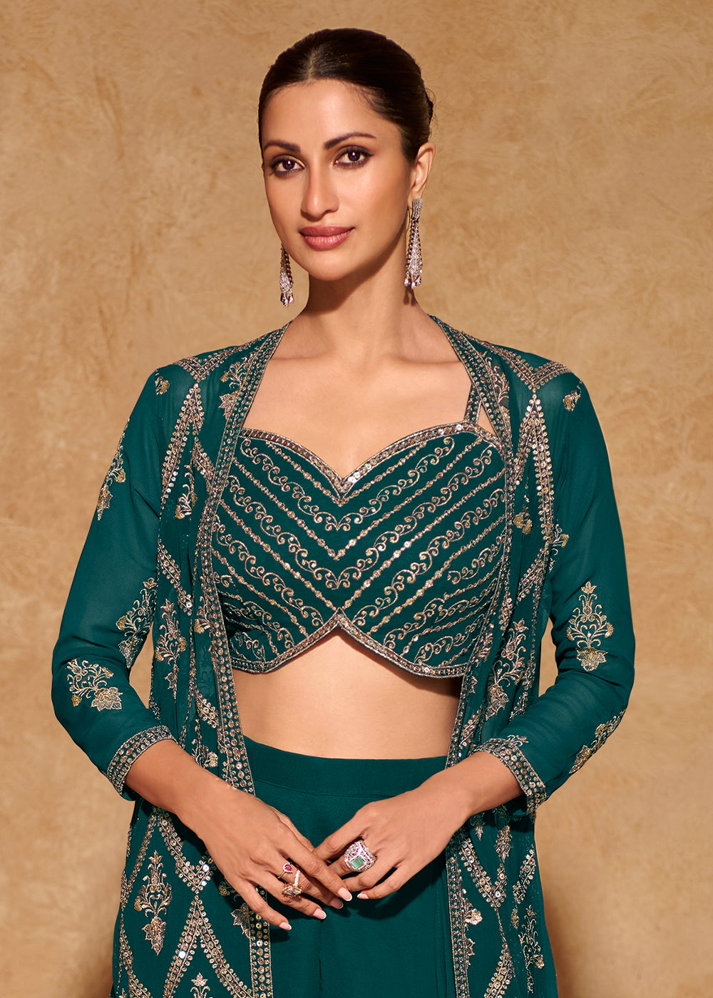 peacock Blue Georgette Top Plazzo Set With Long Embroidered Jacket - qivii