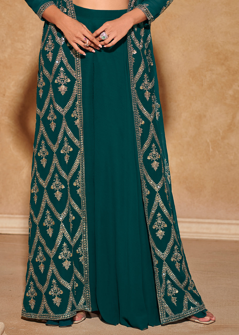 peacock Blue Georgette Top Plazzo Set With Long Embroidered Jacket - qivii