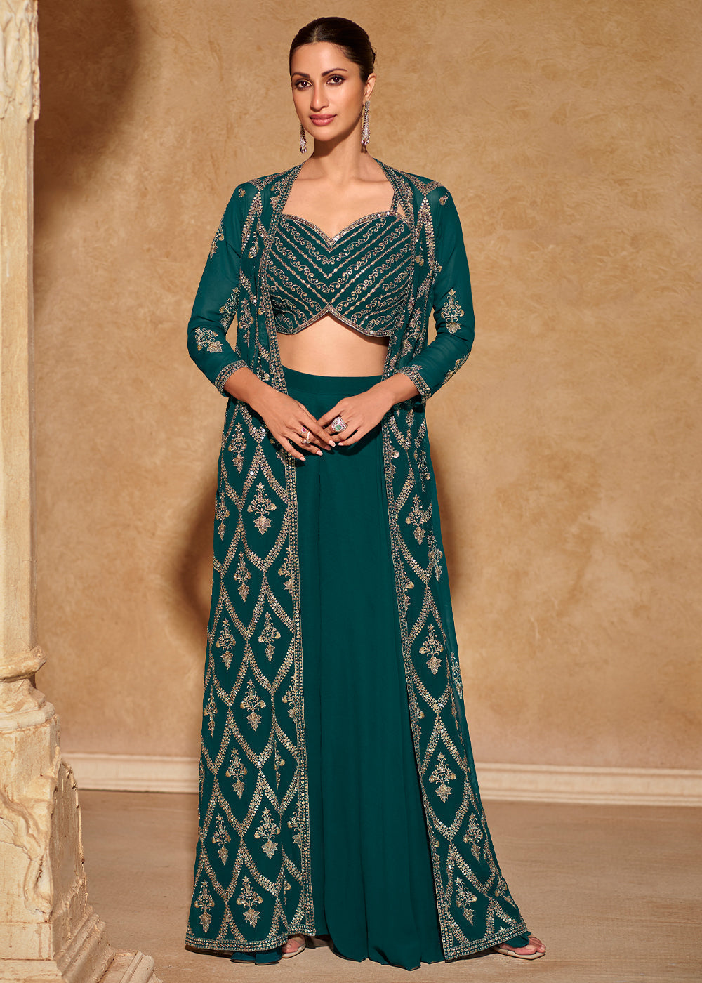 peacock Blue Georgette Top Plazzo Set With Long Embroidered Jacket - qivii