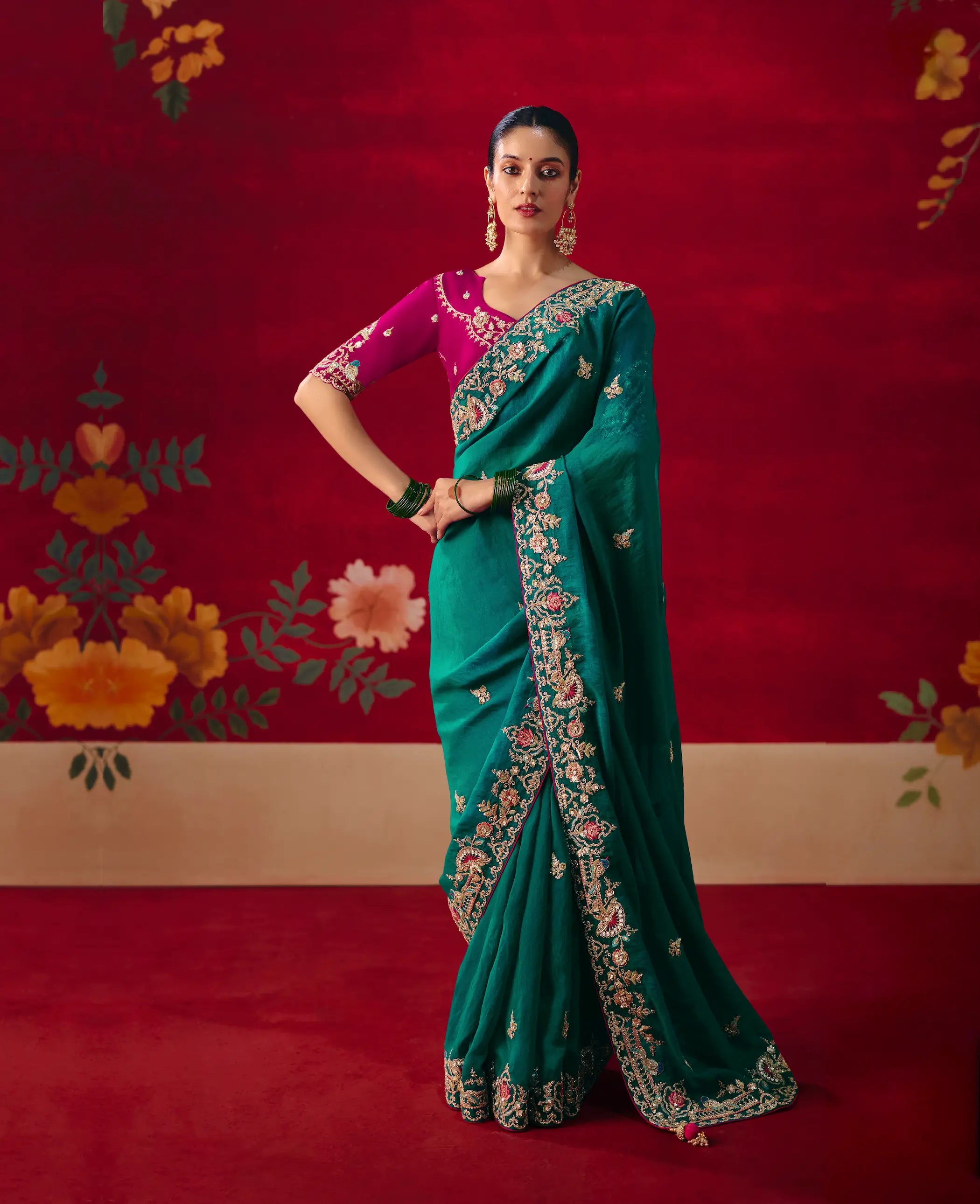 Deep Teal Heavy Embroidered Saree