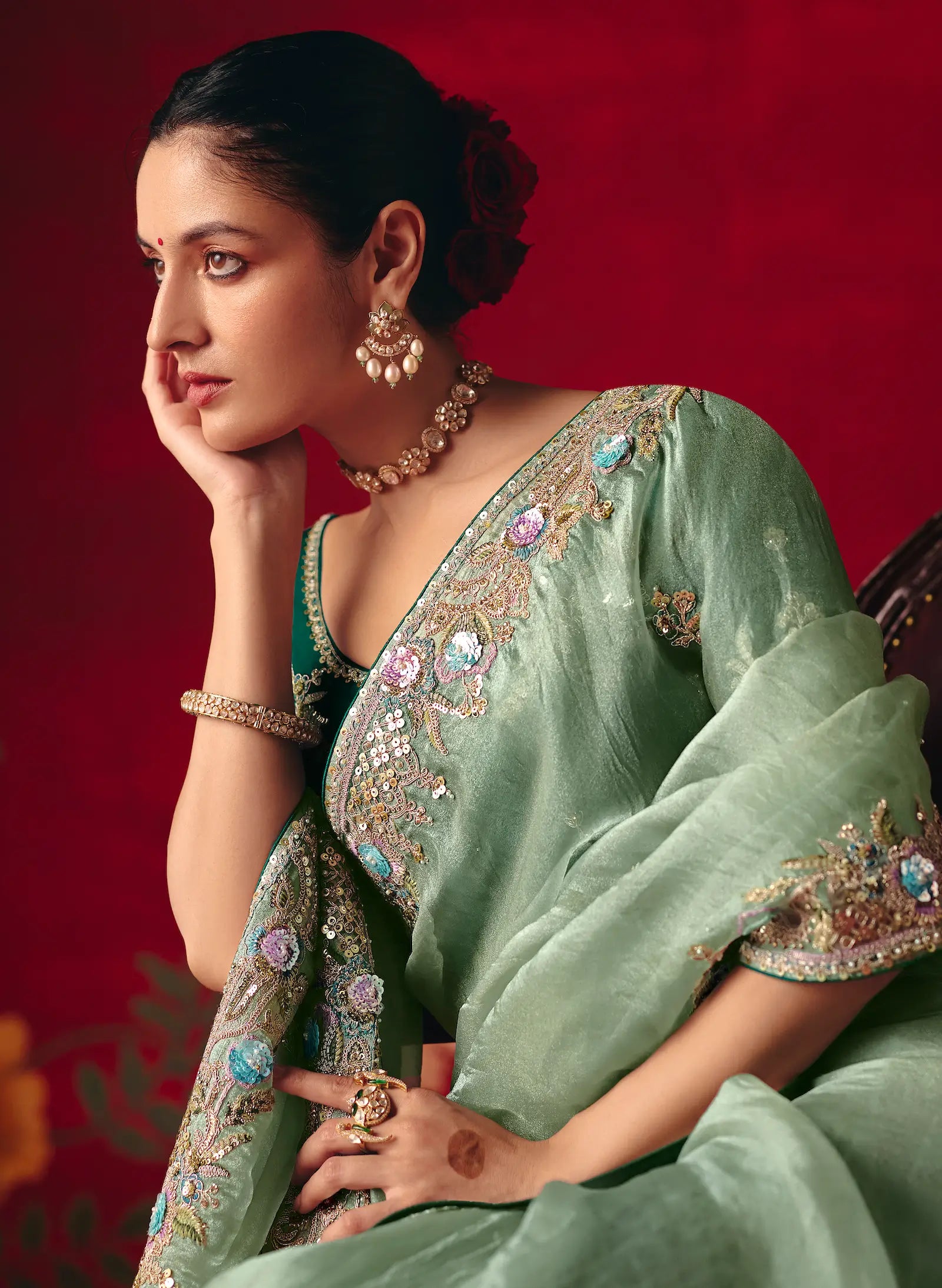 Pista Green Heavy Embroidered Saree