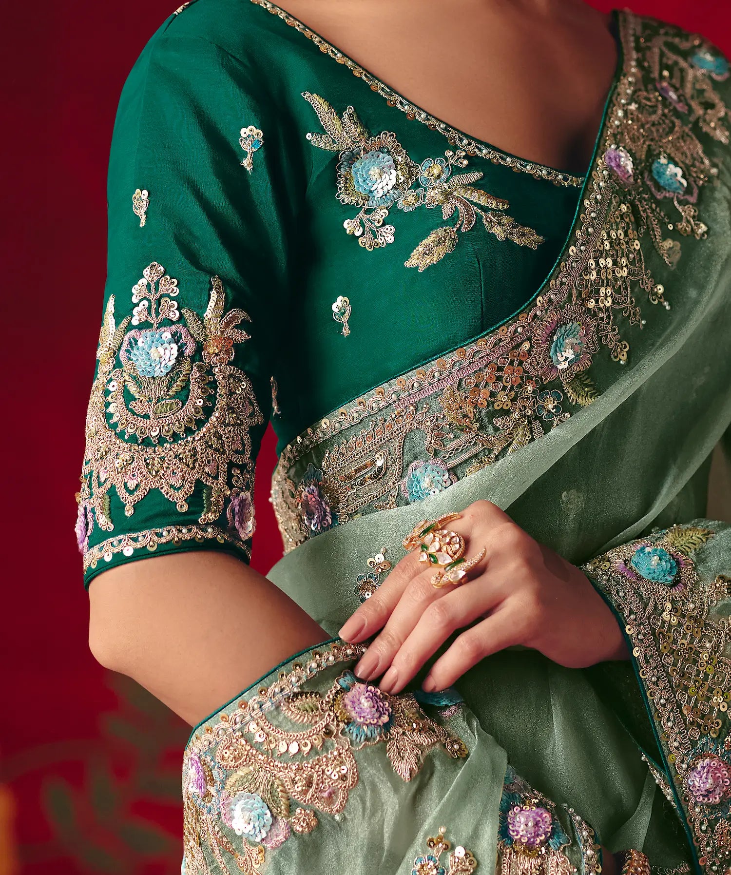 Pista Green Heavy Embroidered Saree