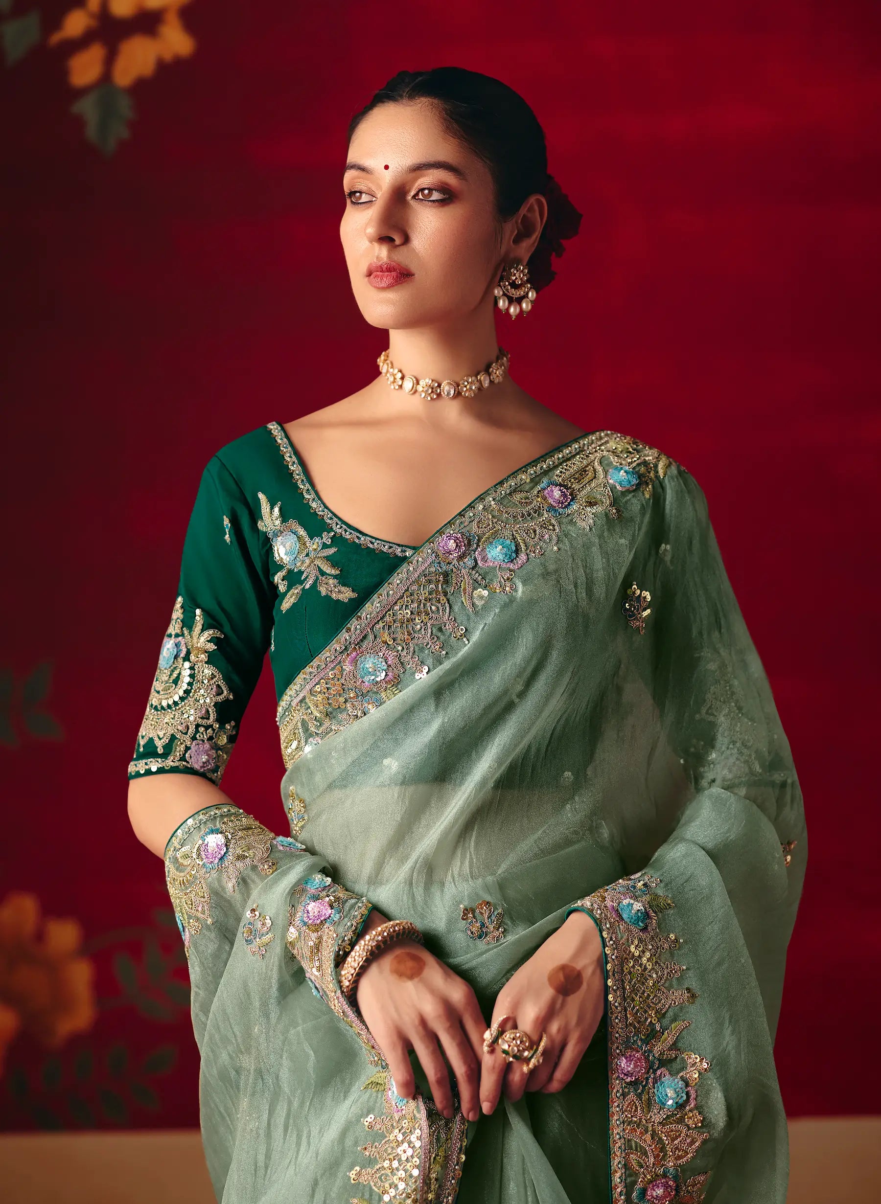 Pista Green Heavy Embroidered Saree