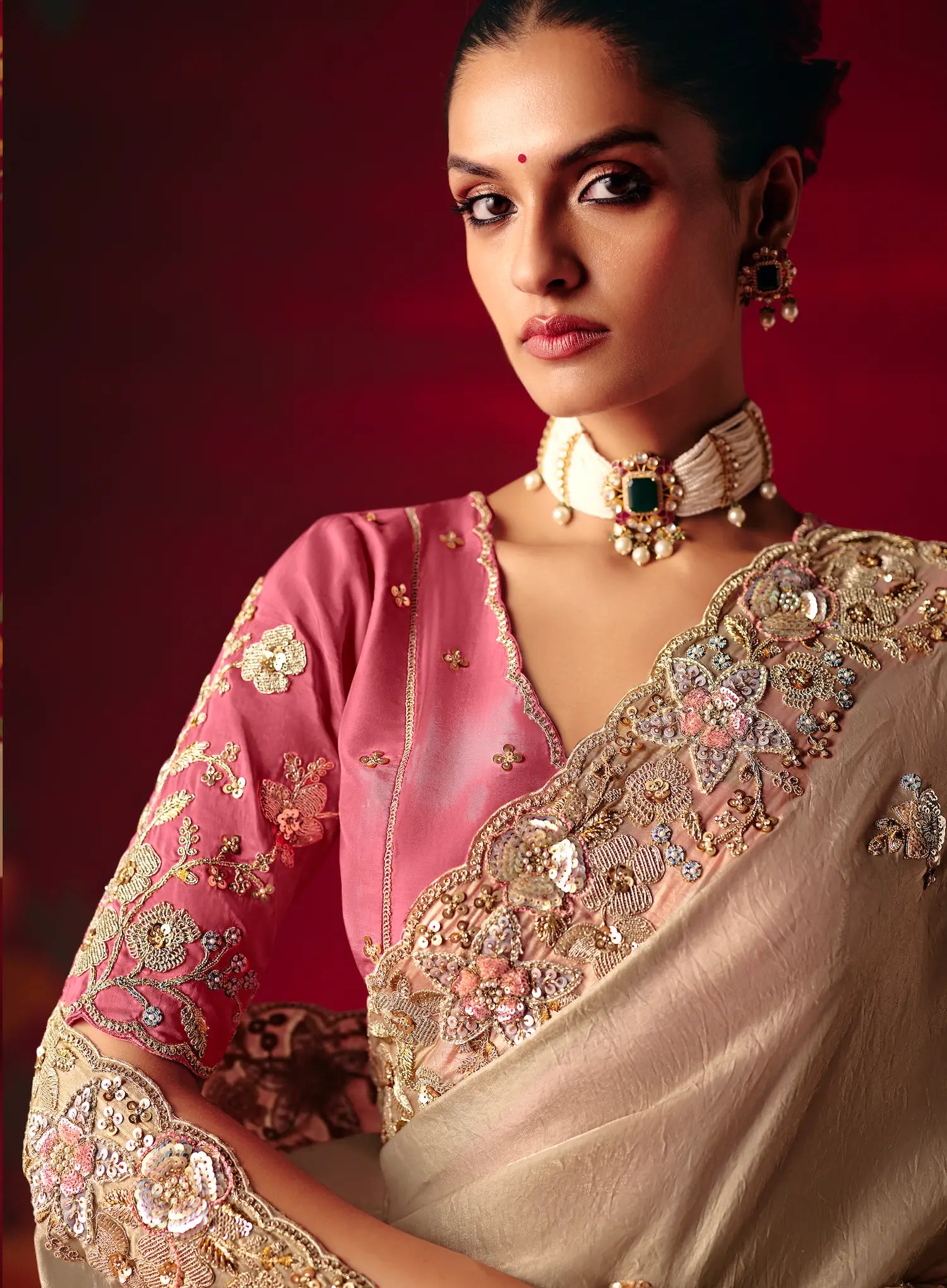 Taupe Beige Heavy Embroidered Saree