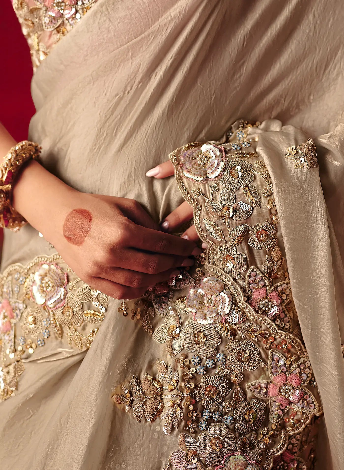 Taupe Beige Heavy Embroidered Saree