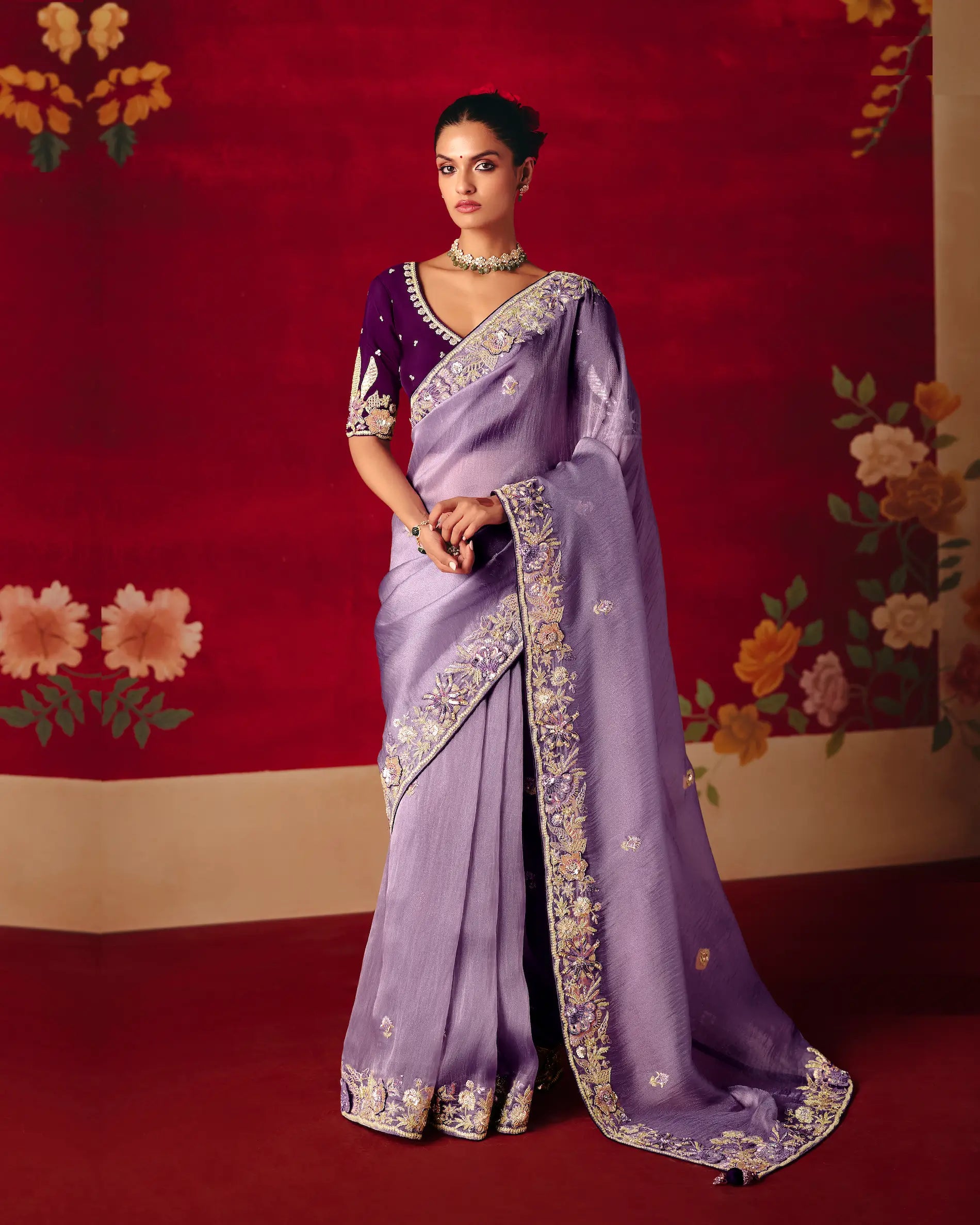Dark Lilac Heavy Embroidered Saree