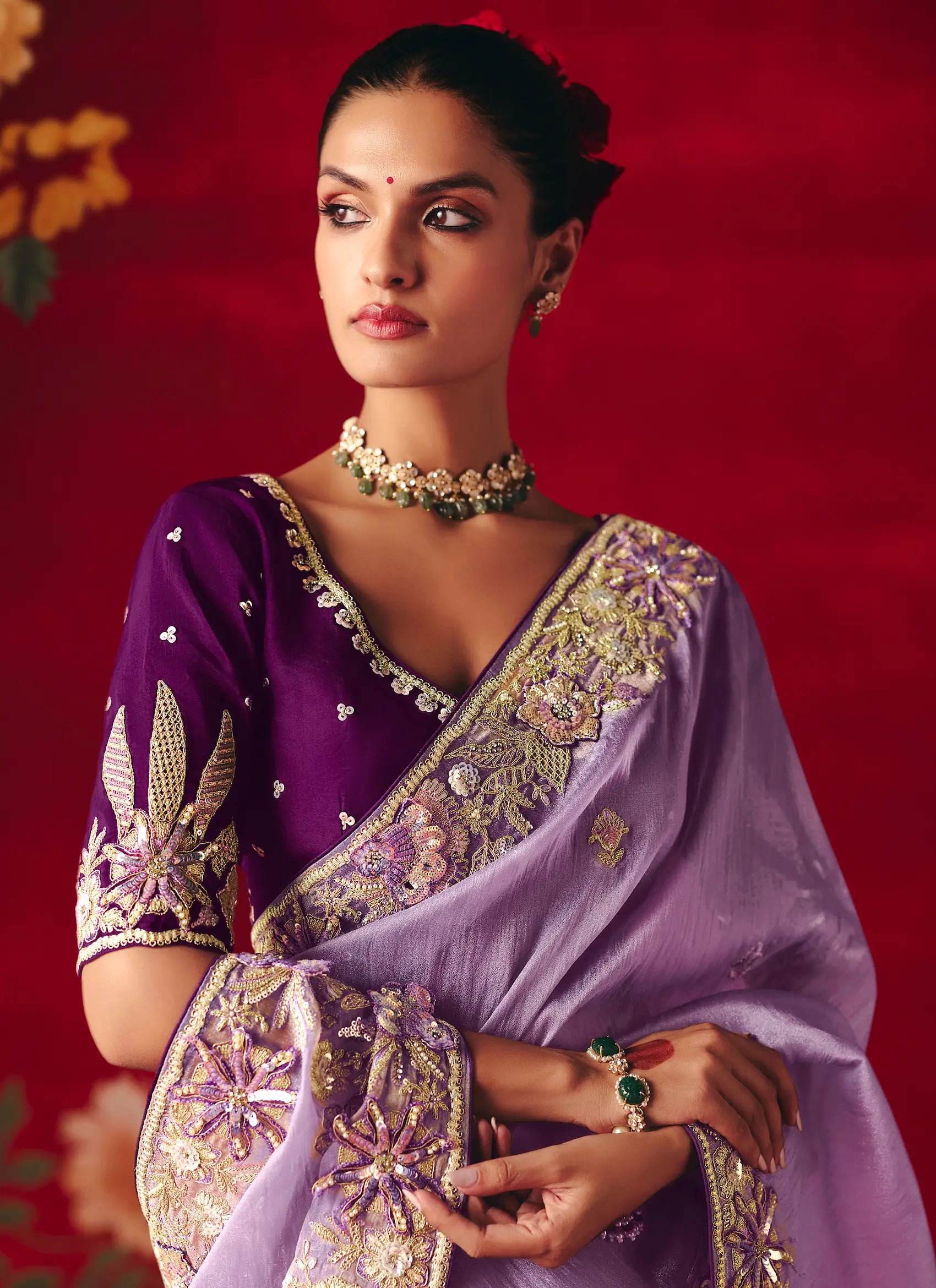 Dark Lilac Heavy Embroidered Saree