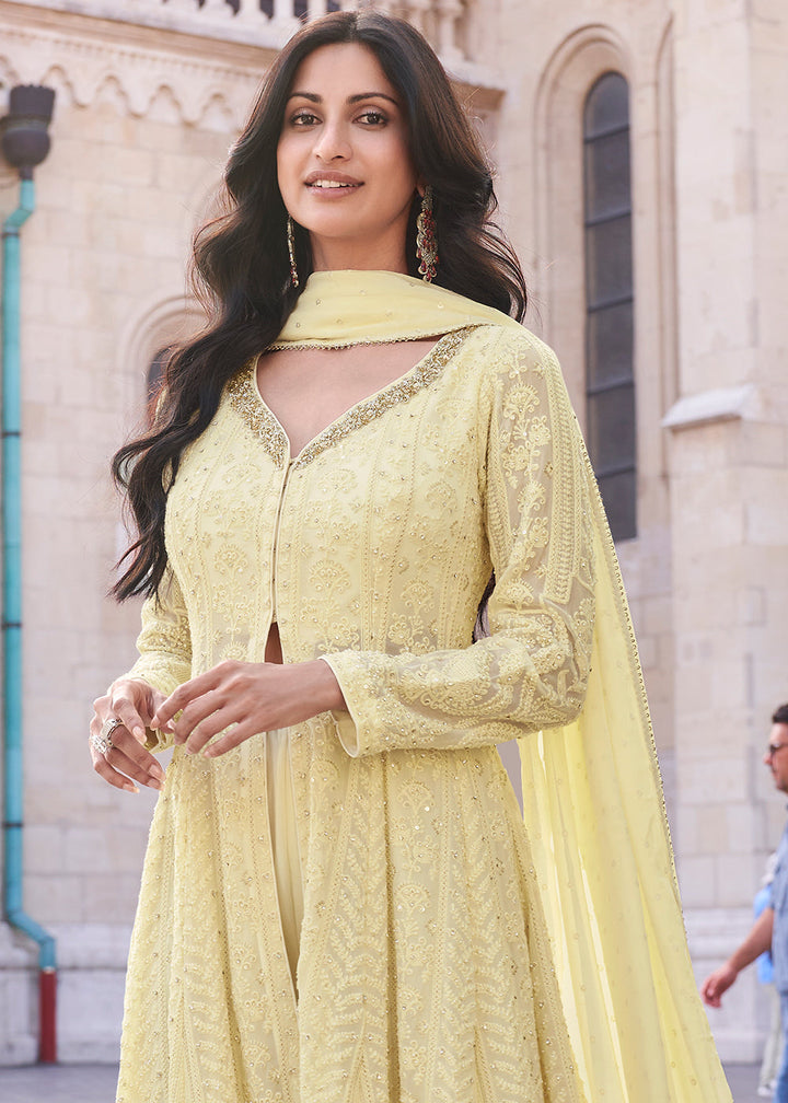 Blonde Yellow Georgette Plazzo Suit With Embroidery Work