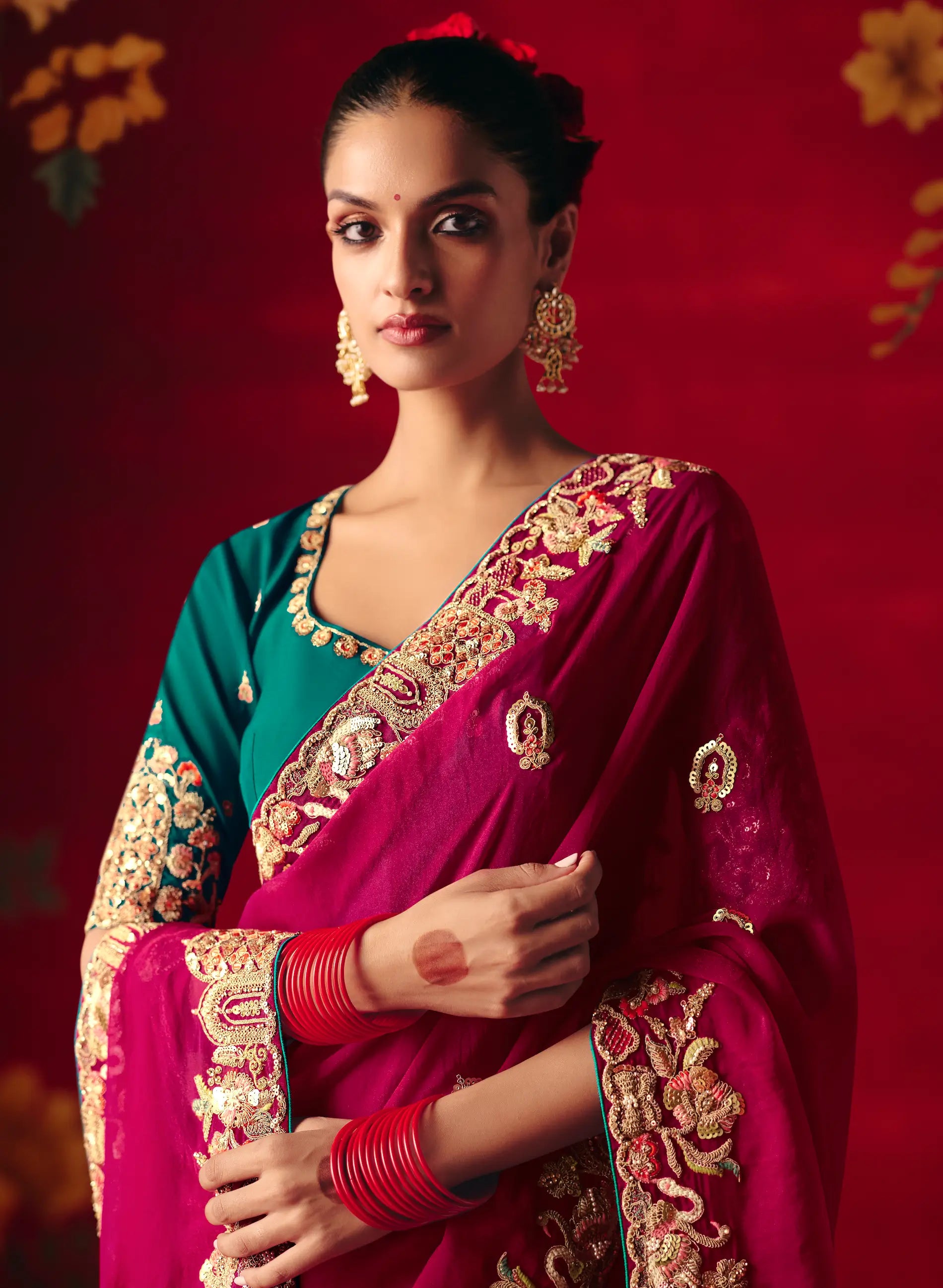 Crimson Red Heavy Embroidered Saree