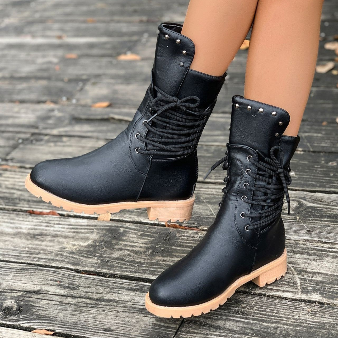 Women's Rivet Roma Boots - Side Lace Chunky Heel Mid Calf Boots (US 4-10.5)
