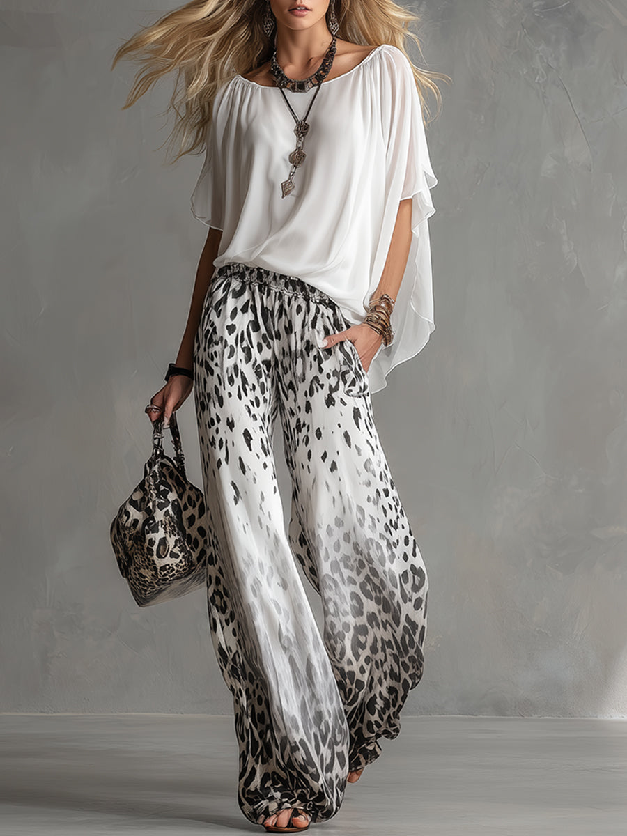 Modern And Stylish White Leopard Print Chiffon Pants