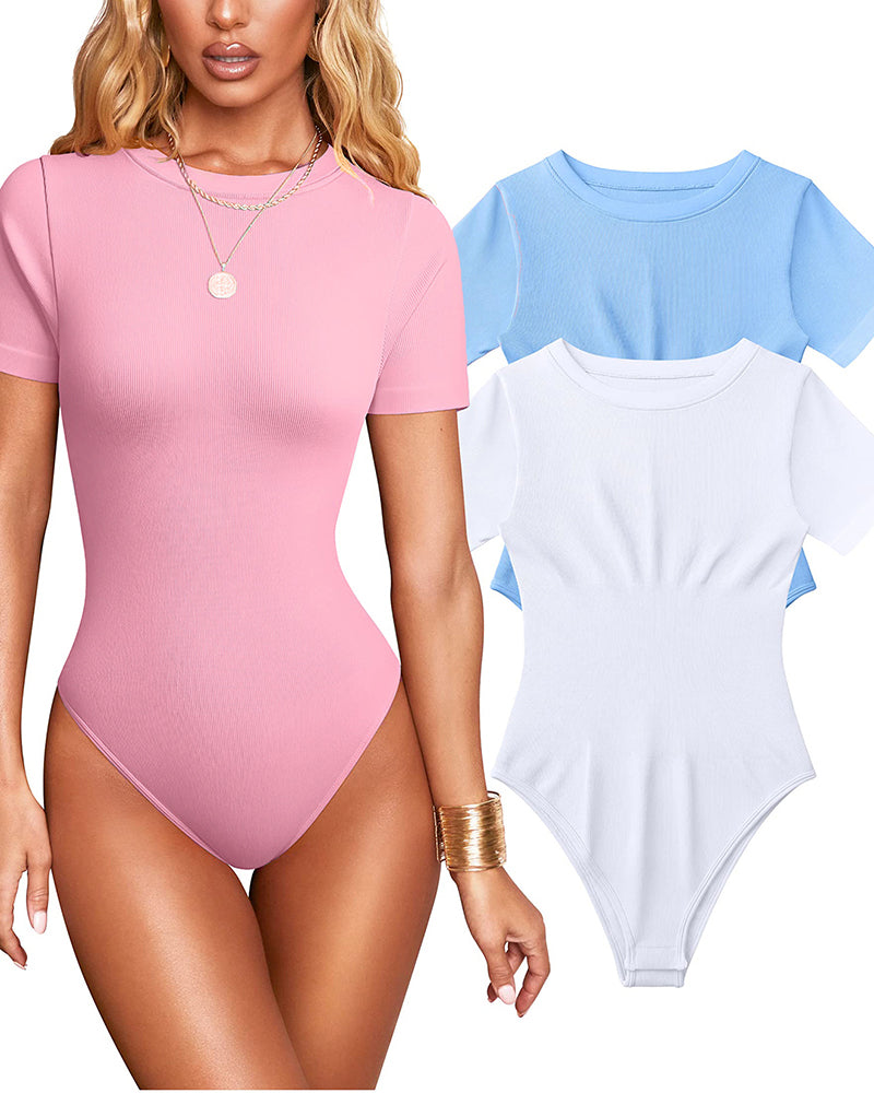 Women Sexy Ribbed Round Neck Short Sleeve Tummy Control Thong Bodysuit  - By Qivii