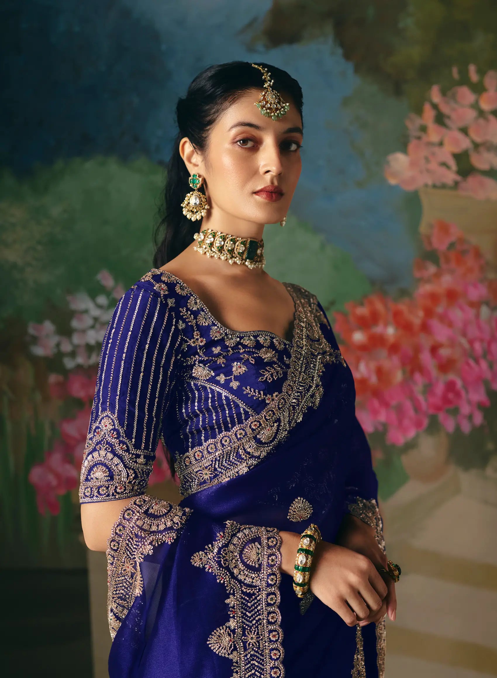 Royal Blue Sequins & Beads Embroidery Saree
