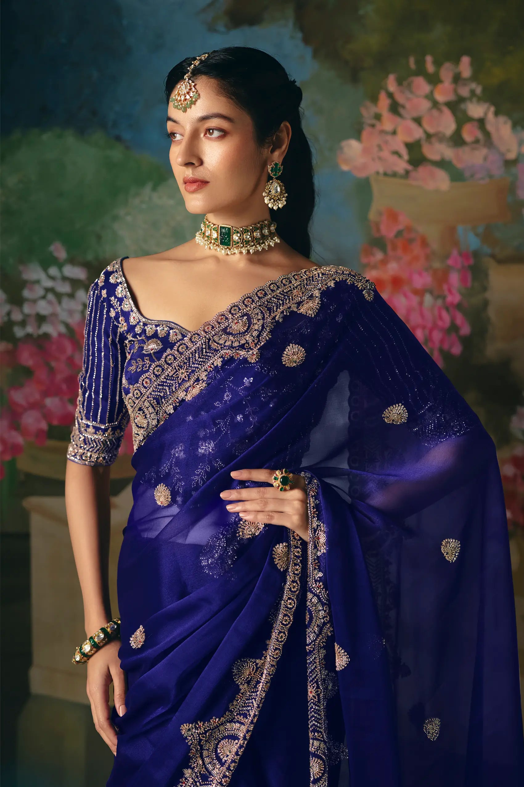 Royal Blue Sequins & Beads Embroidery Saree