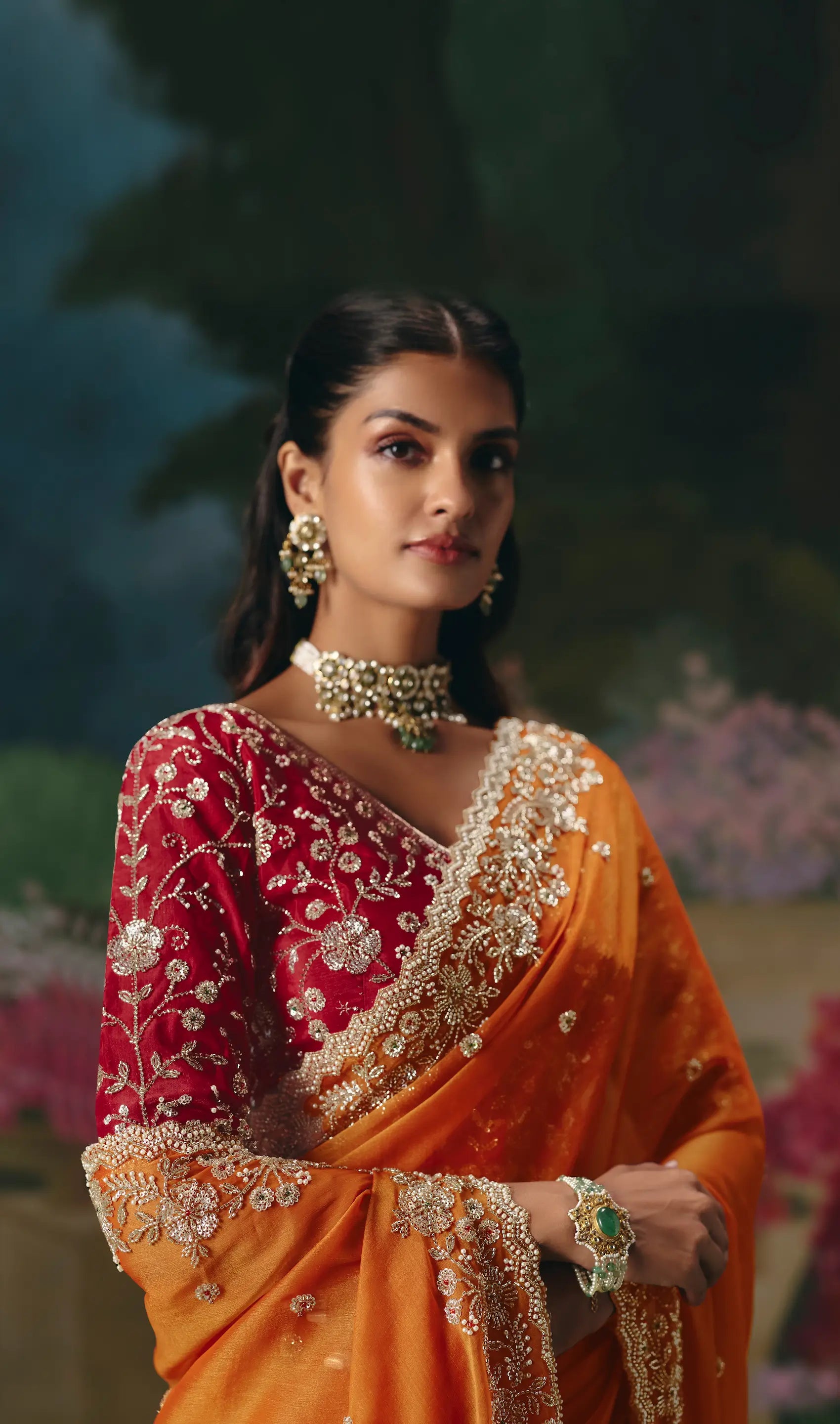 Bright Orange Sequins & Beads Embroidery Saree